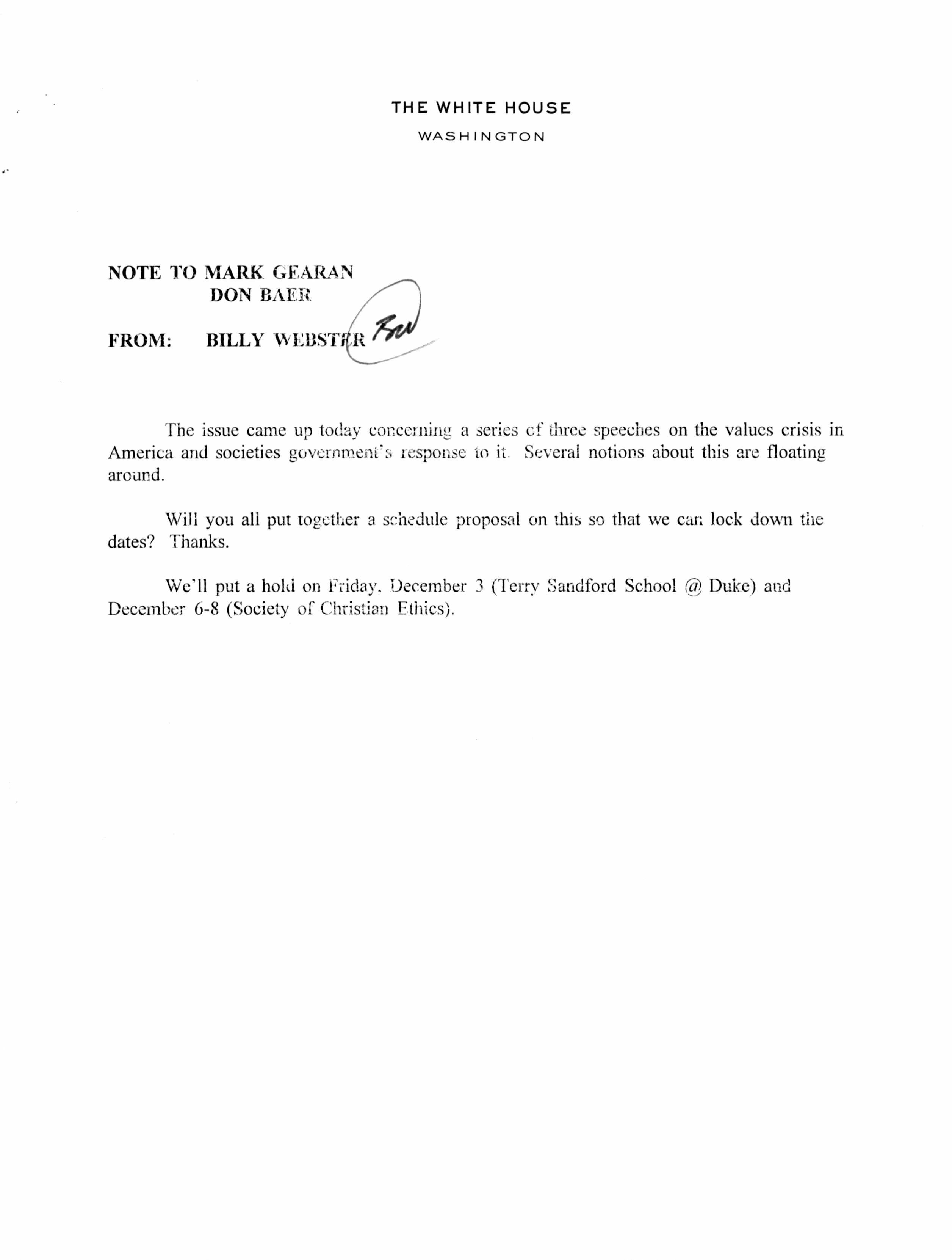 Typed note on White House stationary