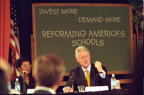 President Clinton participates in a roundatable discussion at Eastgate Elementary school on reforming America's schools