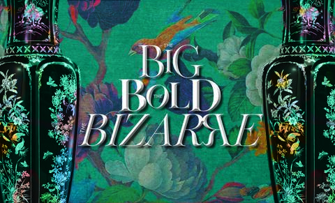 A vibrant green wallpaper with a floral and avian pattern serves as the backdrop for a stylized graphic. Centered in the image is the large, white, serif text reading "THE BIG BOLD BIZARRE." Framed on the left and right sides are the shoulders and necks of two glossy, dark green, ornate ceramic vases decorated with intricate, colorful floral illustrations.