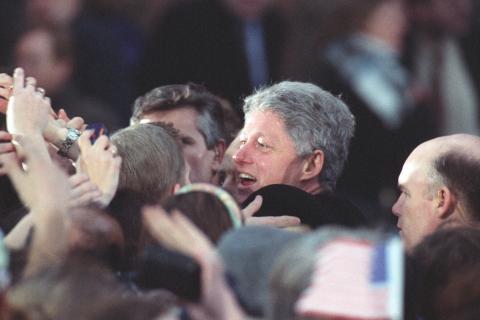 President Clinton shaking hands with a crowd at Londonderry, Northern Ireland