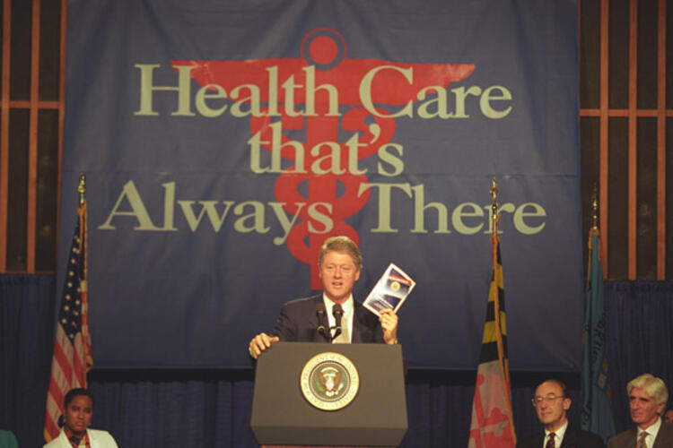 President William J. Clinton giving a speech on health care legislation at the Johns Hopkins University in Baltimore, Maryland
