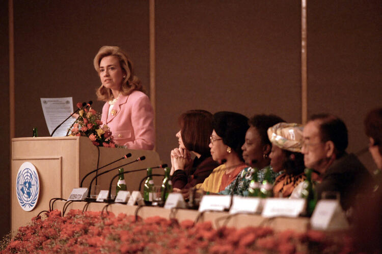 Hillary Rodham Clinton Delivers the Keynote Address at the Fourth United Nations Conference on Women at the Beijing International Conference Center in Beijing, China