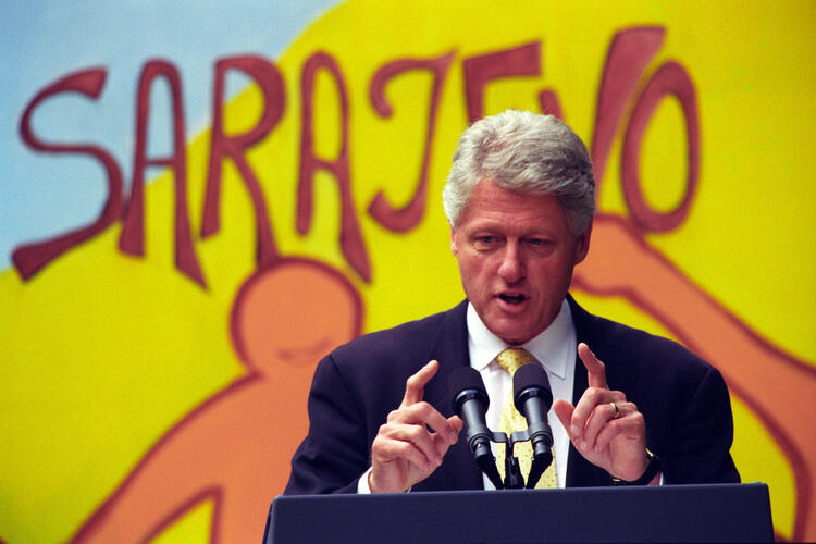 President Clinton addresses the community at Third High School in Sarajevo, Bosnia-Herzegovina