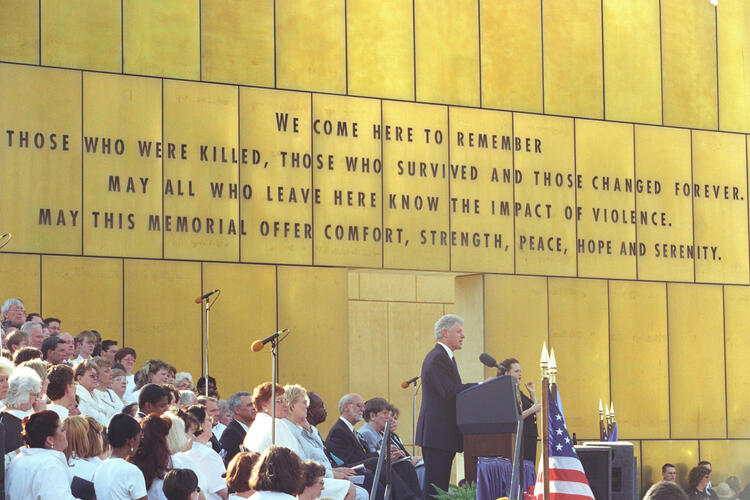President Clinton addresses a ceremony at the Oklahoma City National Memorial honoring those killed in the bombing of the Murrah Federal Building