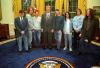 President Clinton poses for a photo in the Oval Office with members of the rock band Soul Asylum, and others. Present for the photo include, Dave Pirner, Karl Mueller, Dan Murphy, Grant Young, and others.