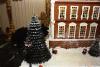 Socks the Cat sits next to a gingerbread White House with icing for snow and fake trees.