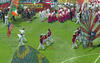 An overhead shot shows the World Cup opening ceremony on a green field. People in colorful costumes, including white, red, and blue outfits, march across the grass. Some carry large flags, like the American and Irish flags, while others hold ornate, fan-like props. In the background, a banner reads "FAIR PLAY" next to more flags and spectators, creating a vibrant, celebratory atmosphere.
