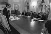 Scheduling Meeting President Clinton participates in a scheduling meeting with Director of the Office of Scheduling and Advance, Billy Webster. Participants include Vice President Al Gore, Jack Quinn, Stephanie Streett and others. Webster stands near a chart. other participants in the room sit around the table in the Cabinet Room.