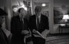 State of the Union 1995 Black and White Photograph, President Clinton Reviews his State of the Union address in the Diplomatic Reception Room in the White House with George Stephanopoulos and Don Baer