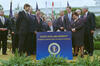 President Clinton signs a message to the Senate regarding the Ratification of the Protocols for Enlargement of the North Atlantic Treaty Organization (NATO). Dias participants include Sec. Madeleine Albright, Leon Fuerth, Sen. Barbara Mikulski, Sen. Richard Lugar, Jeremy Rosner, Sandy Berger, Vice President Gore, and others