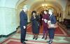 Meeting with the President in the hallway of the White House President Clinton stands and speaks with Director of the Office of Public Liaison, Minyon Moore, Deputy Assistant to the President for Intergovernmental Affairs, Lynn Cutler, and Deputy Director of the Office of Political Affairs, Linda Moore in the hallway of the ground floor of the White House