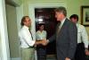 President Clinton greets musician Jimmy Buffet in the Outer Oval Office area.