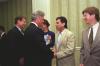 President Clinton greets musicians Mickey Hart and  Phil Lesh from rock band Grateful Dead at the Fairmont Hotel in San Francisco, California