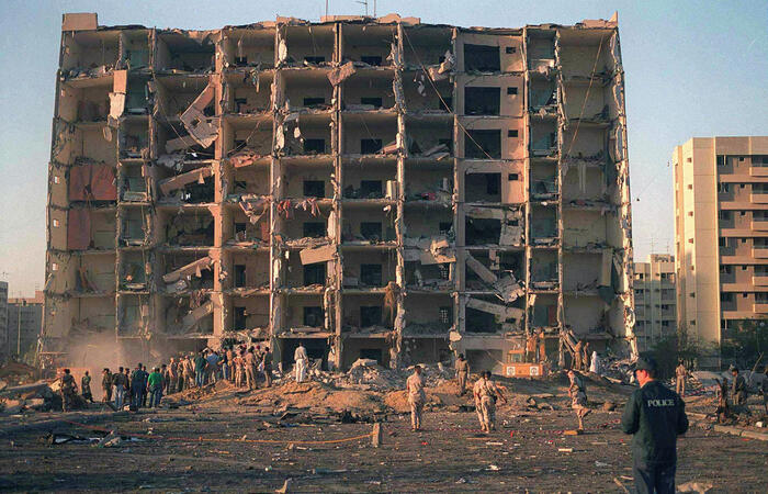 A medium view of Khobar Towers after a terrorist bomb exploded and killed an undetermined number of U.S. Servicemen