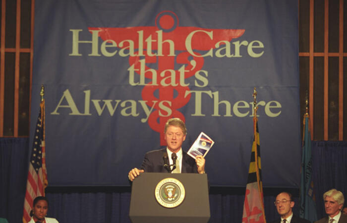 President William J. Clinton giving a speech on health care legislation at the Johns Hopkins University in Baltimore, Maryland