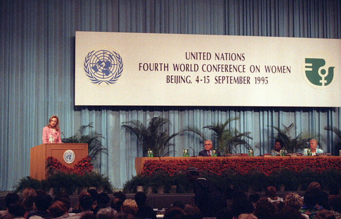 First Lady Hillary Rodham Clinton addresses the keynote speech at the Fourth United Nations Conference on Women in Beijing, China