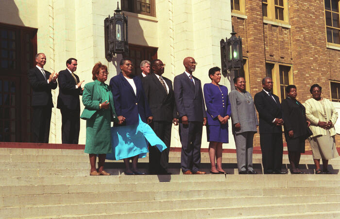 The Little Rock Nine present at Little Rock Central High School for the 40th Anniversary of Desegregation of the school. Present from Left to Right: Thelma Mothershed Wair, Minniejean Brown Trickey, Jefferson Thomas, Terrence Roberts, Carlotta Walls Ranier, Gloria Ray, Ernest G. Green, Elizabeth Eckford and Melba Pattillo Beals