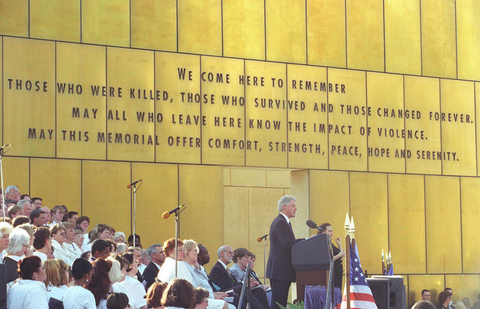 President Clinton addresses a ceremony at the Oklahoma City National Memorial honoring those killed in the bombing of the Murrah Federal Building