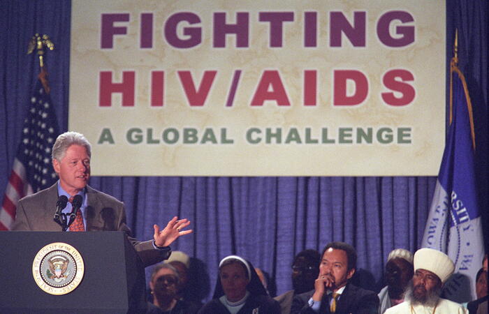 President Clinton addresses a World AIDS Day event at the Rankin Chapel on the campus of Howard University in Washington, DC.
