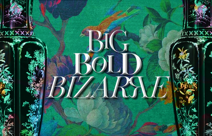 A vibrant green wallpaper with a floral and avian pattern serves as the backdrop for a stylized graphic. Centered in the image is the large, white, serif text reading "THE BIG BOLD BIZARRE." Framed on the left and right sides are the shoulders and necks of two glossy, dark green, ornate ceramic vases decorated with intricate, colorful floral illustrations.