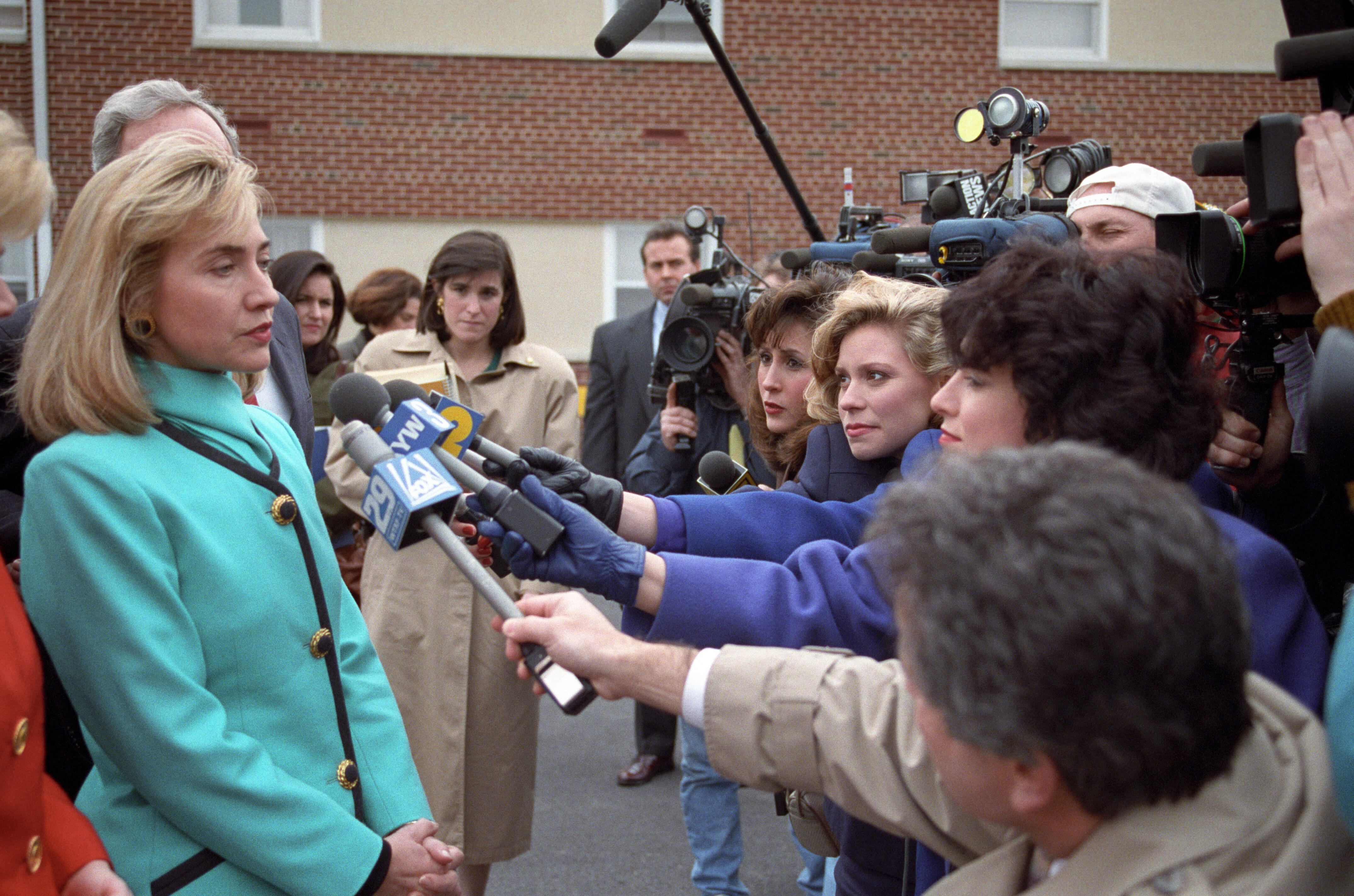 First Lady Hillary Rodham Clinton takes questions from the press at  the Pennsylvania Health Care Conference at Pennsylvania State University in Harrisburg, February 11, 1993, Photographer: Ralph Alswang.
