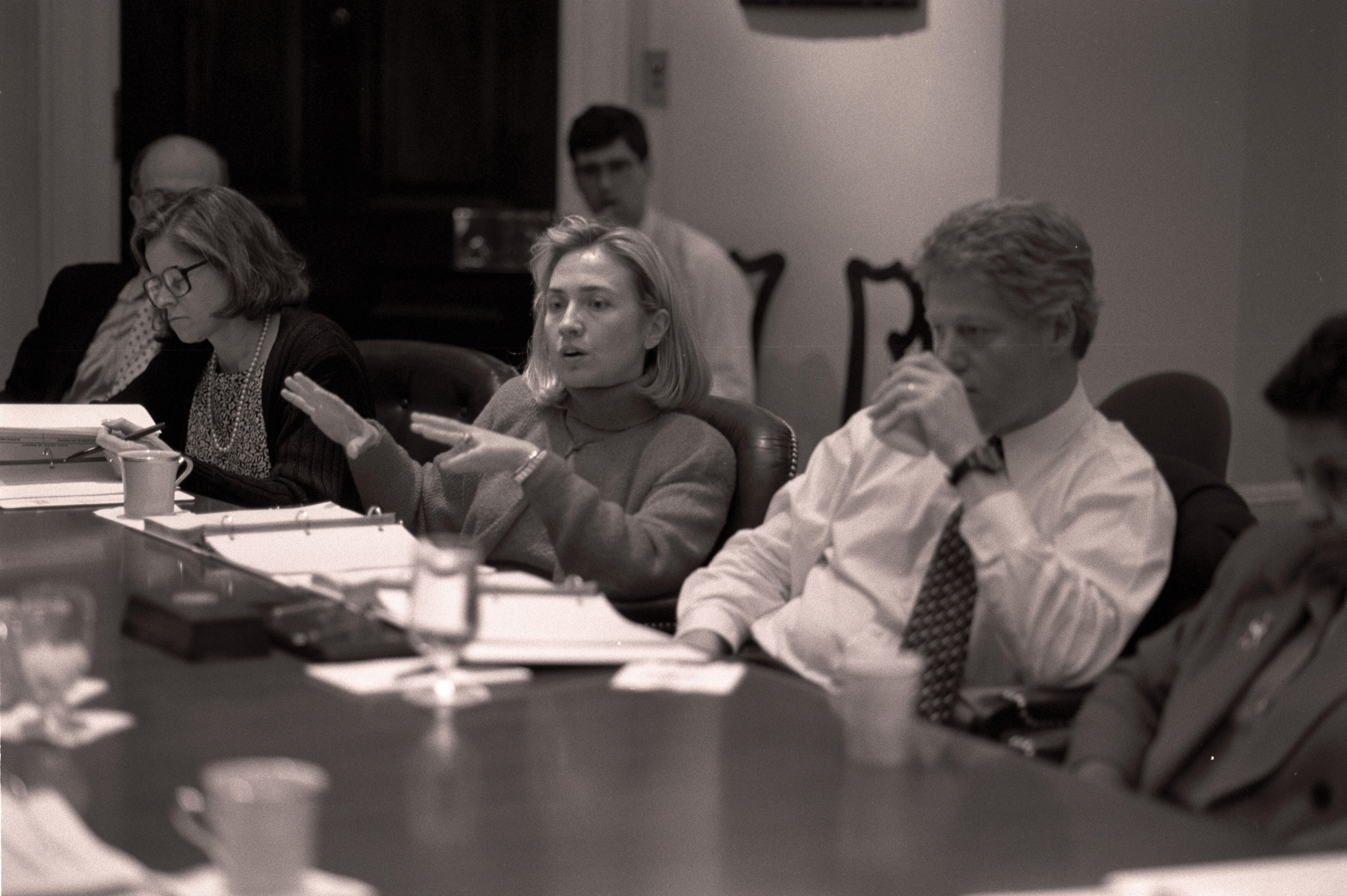   President William Jefferson Clinton, First Lady Hillary Rodham Clinton are participating in a health care meeting in the Roosevelt Room