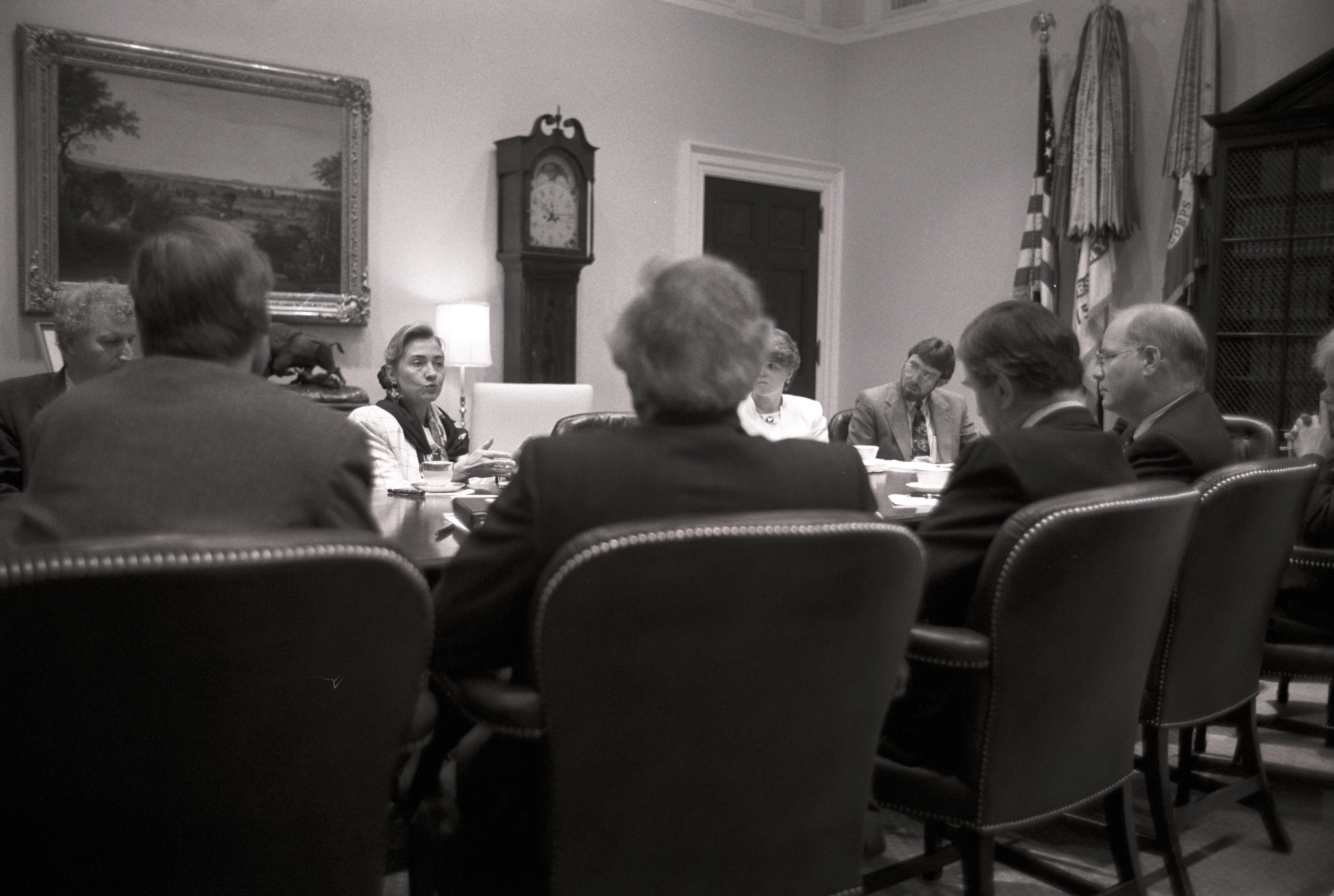 First Lady Hillary Rodham Clinton, Ira Magaziner and others meeting with Democratic members of the House Ways and Means subcommittee regarding health care in the Roosevelt Room