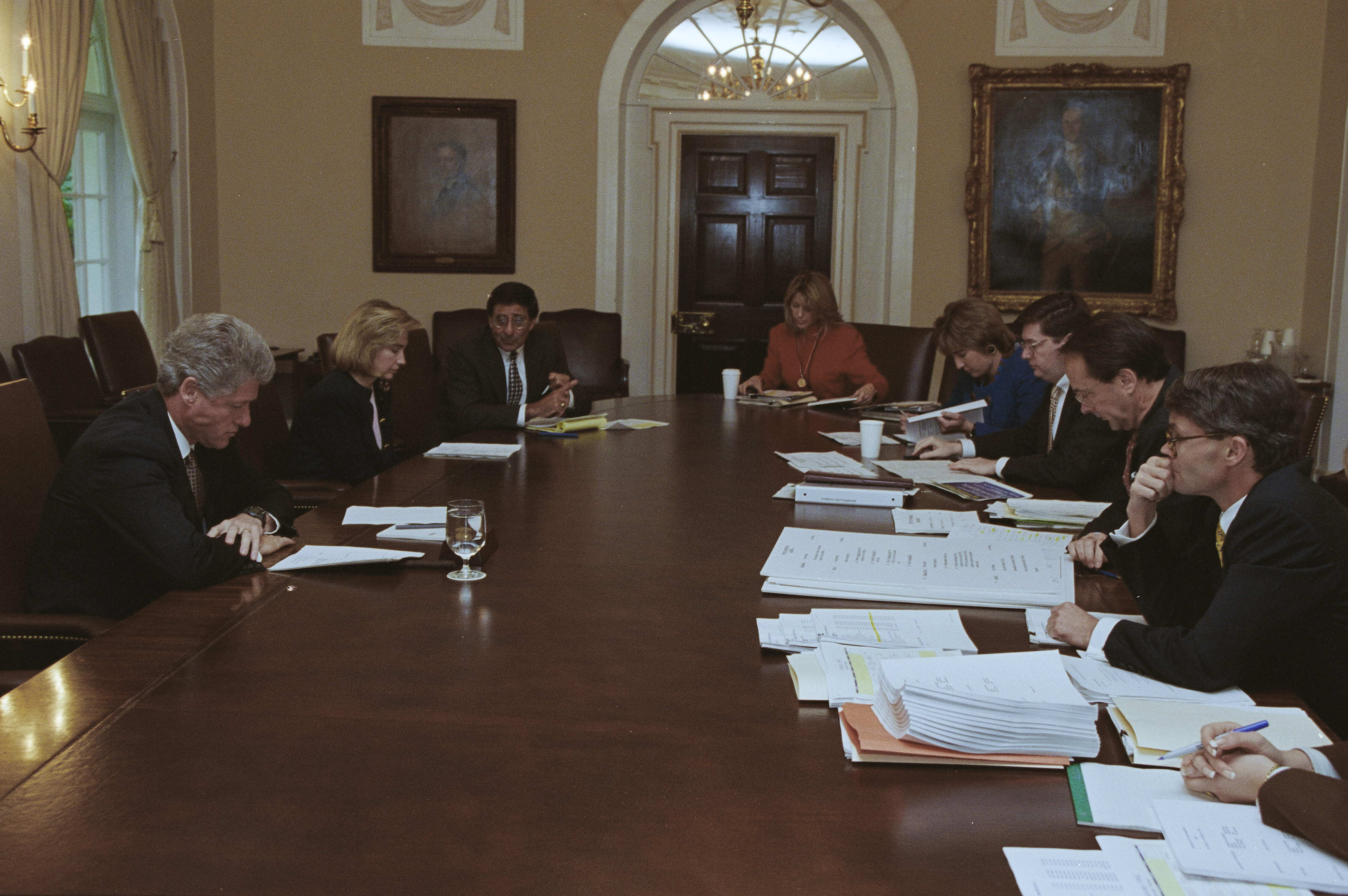 President Clinton and Hillary Rodham Clinton participate in a scheduling meeting with Director of the Office of Scheduling and Advance, Billy Webster. Participants include Dee Dee Myers, Leon Panetta, Stephanie Streett, Nancy Hernreich, Mark Gearan and Erskine Bowles. 