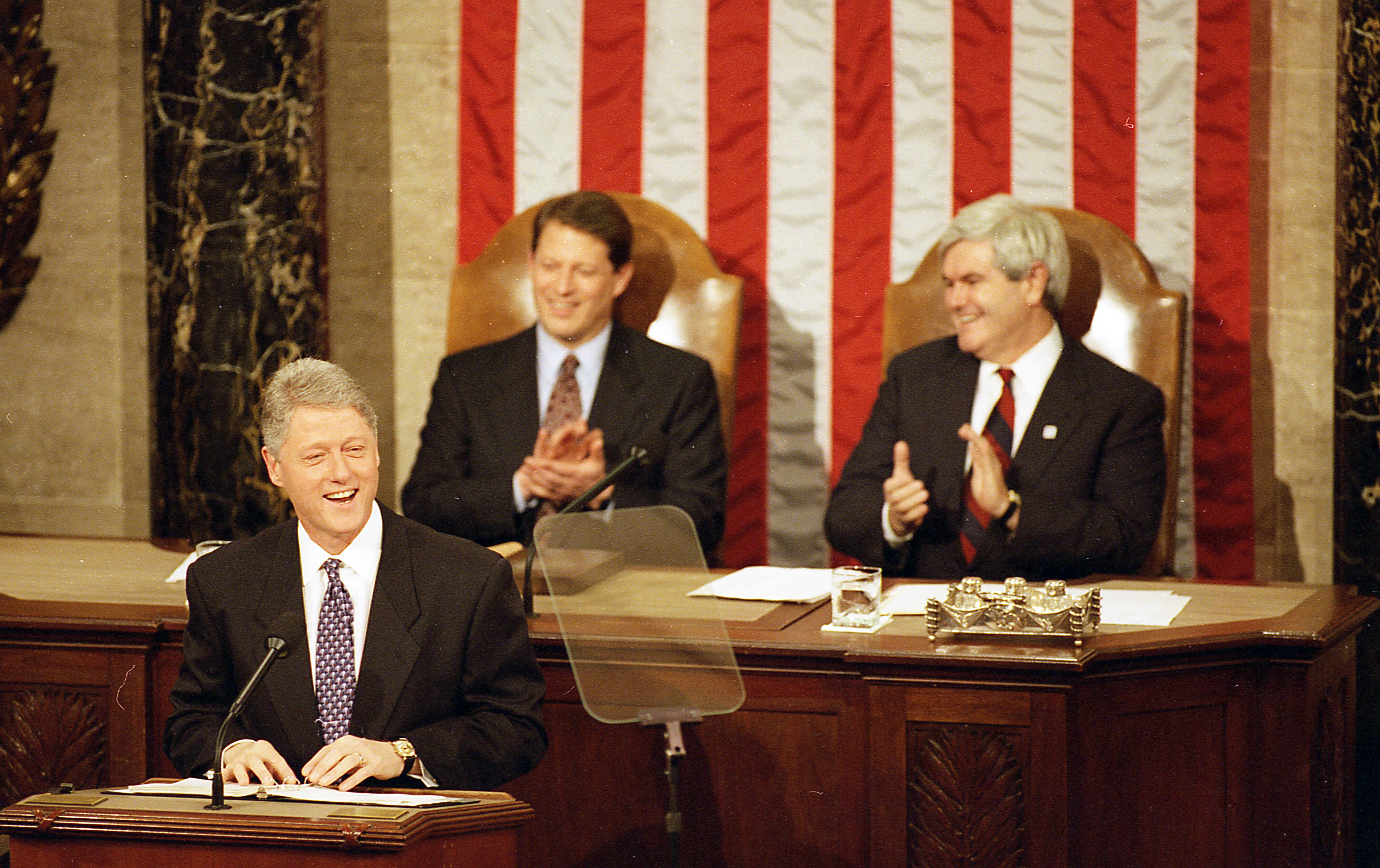 President Clinton gives his State of the Union in the House Chamber at the United States Capitol, Washington D.C. Vice President Al Gore and Speaker of the House Newt Gingrich are seated behind the President