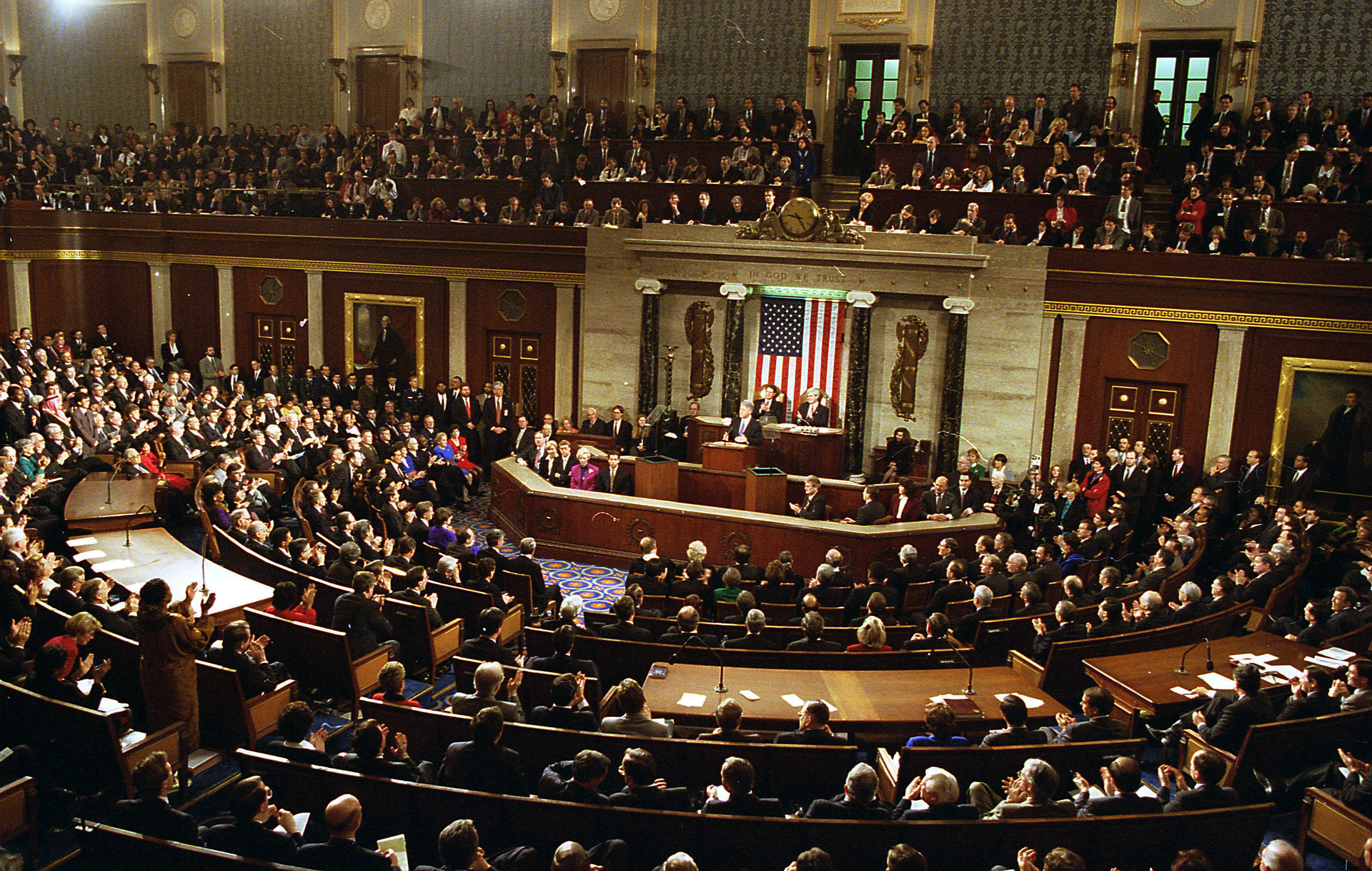 President Clinton gives his State of the Union in the House Chamber at the United States Capitol, Washington D.C. January 24, 1995, Photographer: Ralph Alswang.