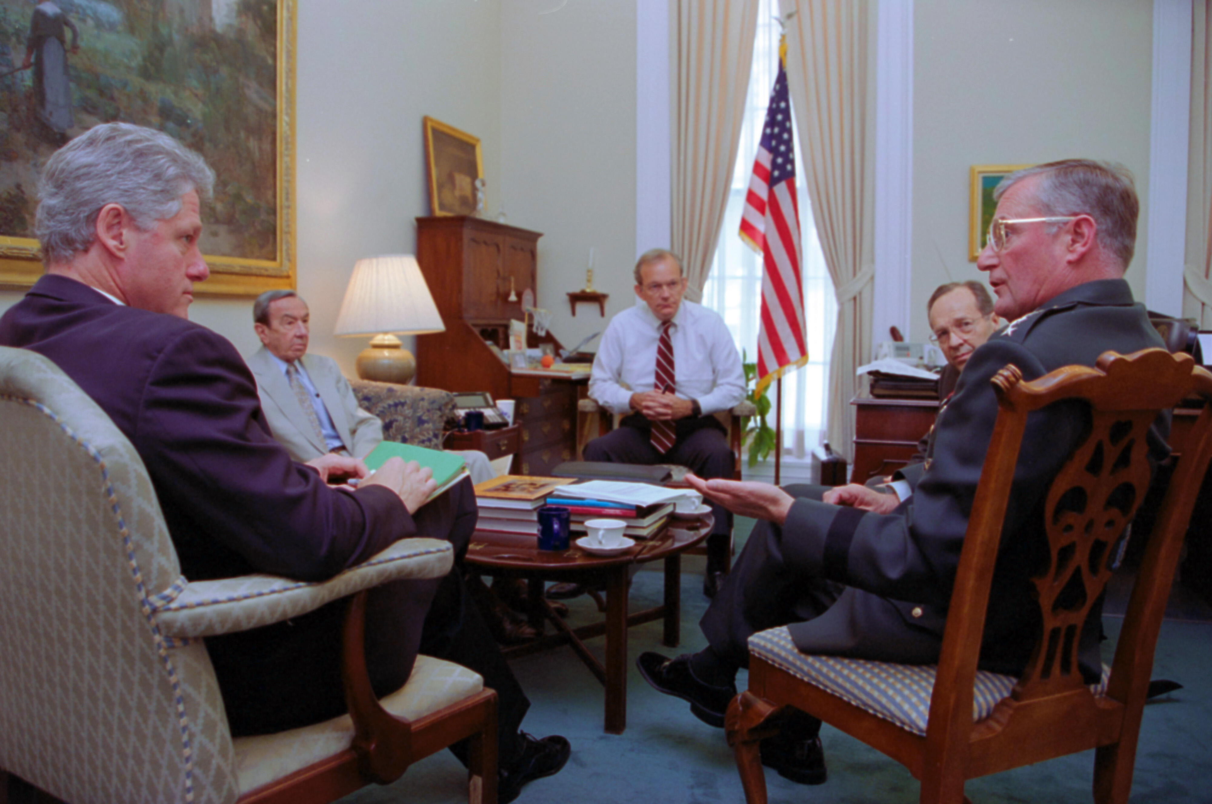 President Clinton meets with Gen. John Shalikasvili, Amb. Madeleine ALbright, Tony Lake and Sec. Warren Christopher in Tony Lake's office, regarding Bosnia