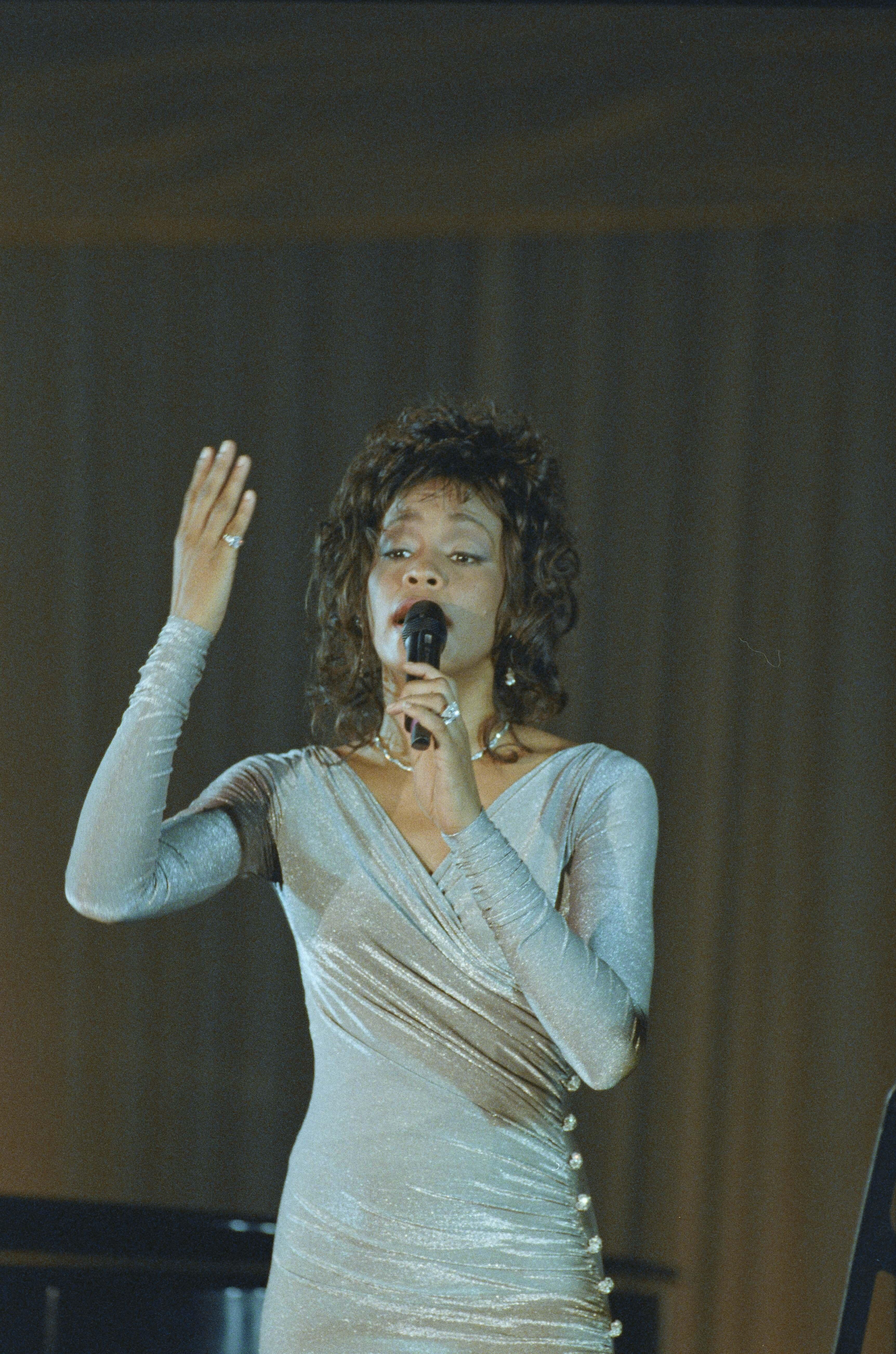 Recording artist Whitney Houston performs for President Nelson Mandela at a White House State Dinner in his honor