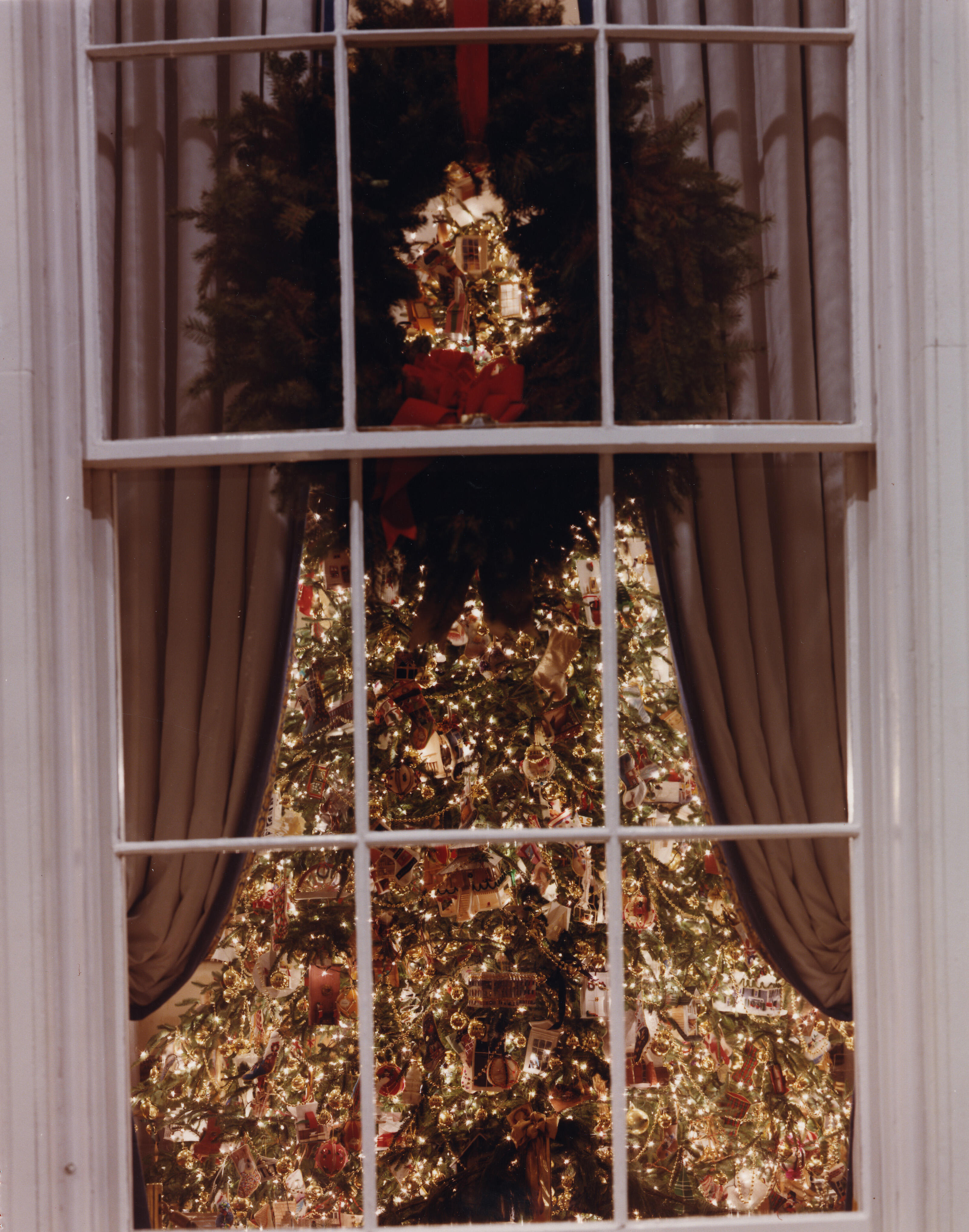 deocorated White House Christmas Tree lit by tree lights. The photograph taken through a paned window from outside of the White House. Curtains and a green wreath and read bow can also be seen in the photograph.