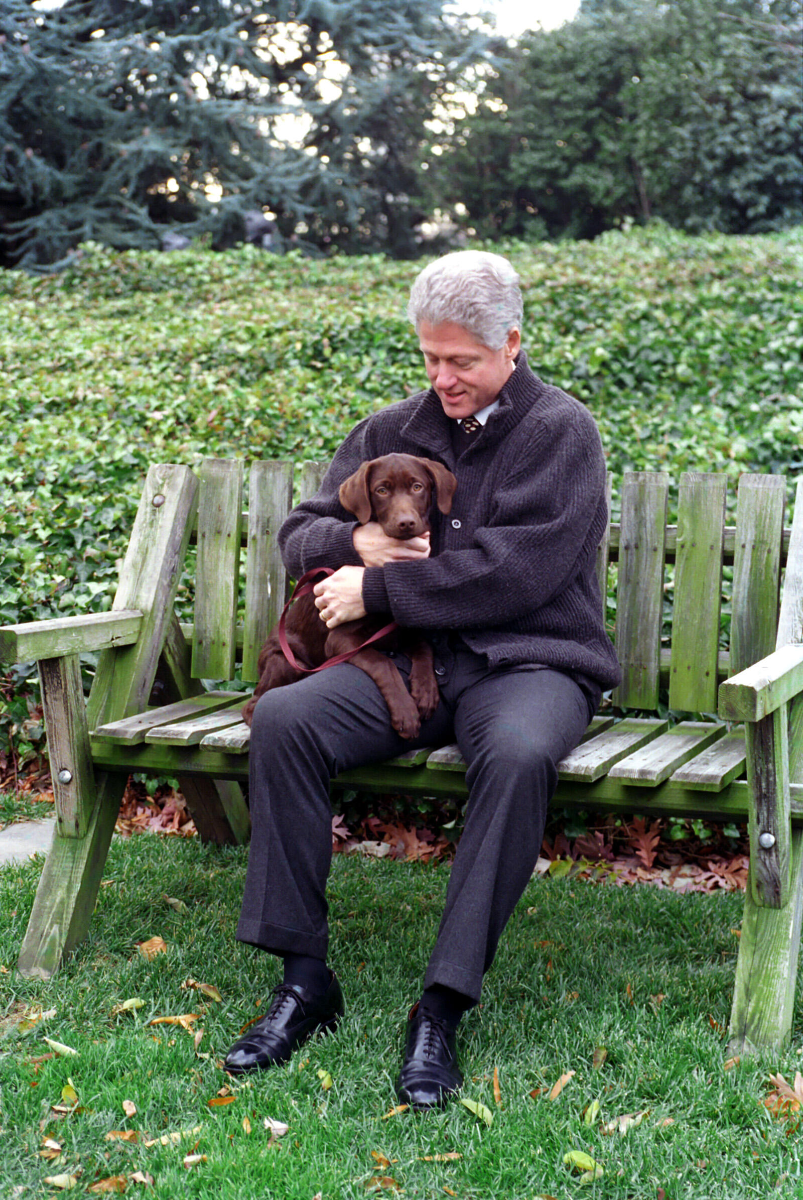 President William Jefferson Clinton holds Buddy the dog while sitting on a wooden bench