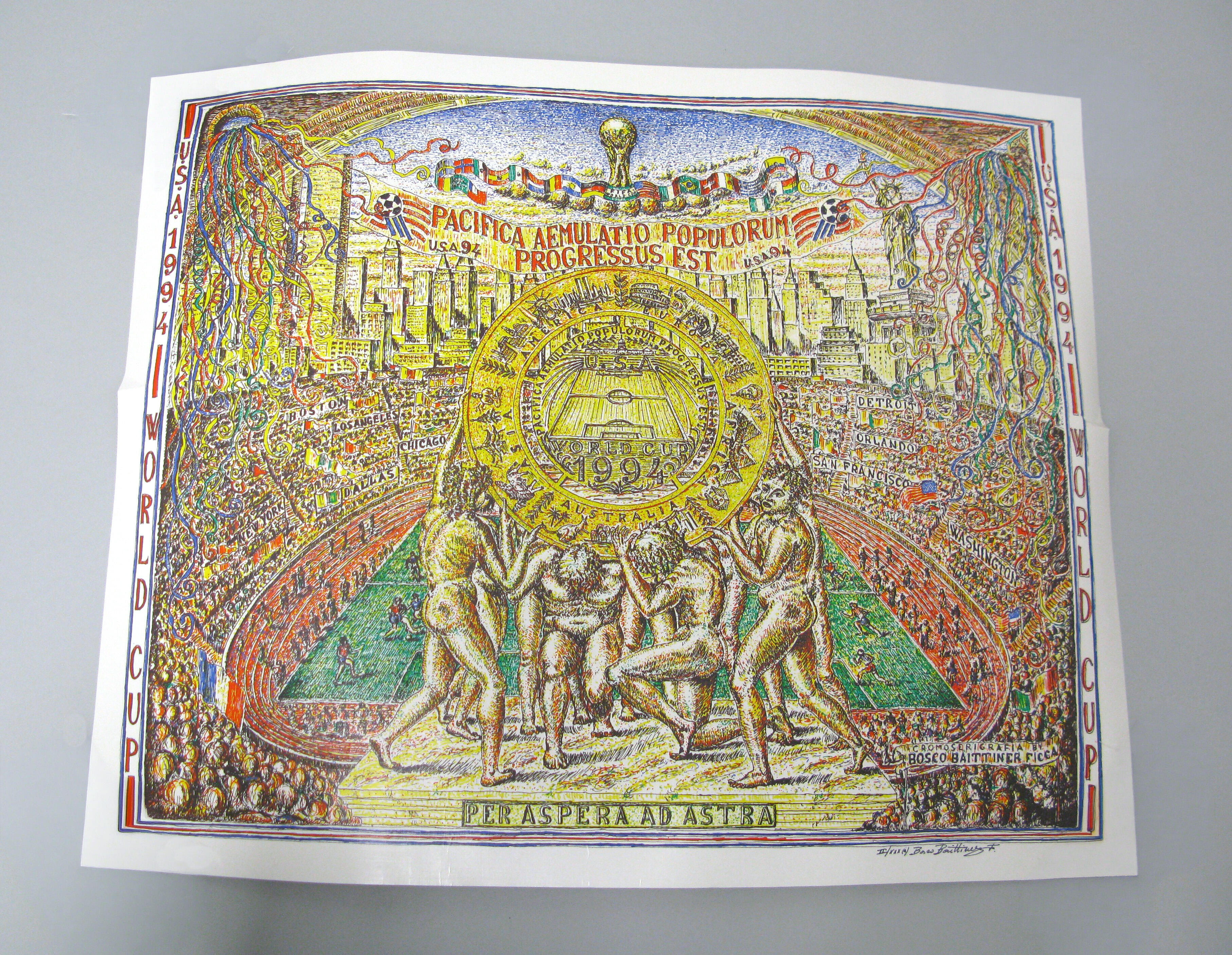 An intricate, highly detailed poster celebrating the 1994 FIFA World Cup features a central circular gold emblem held up by four classical, athletic figures. The emblem depicts a soccer field with the text "WORLD CUP 1994". Above the figures, a banner reads "PACIFICA AEMULATIO POPULORUM PROGRESSUS EST", and a lower banner reads "PER ASPERA AD ASTRA". The vertical borders on the left and right read "USA 1994 WORLD CUP".
