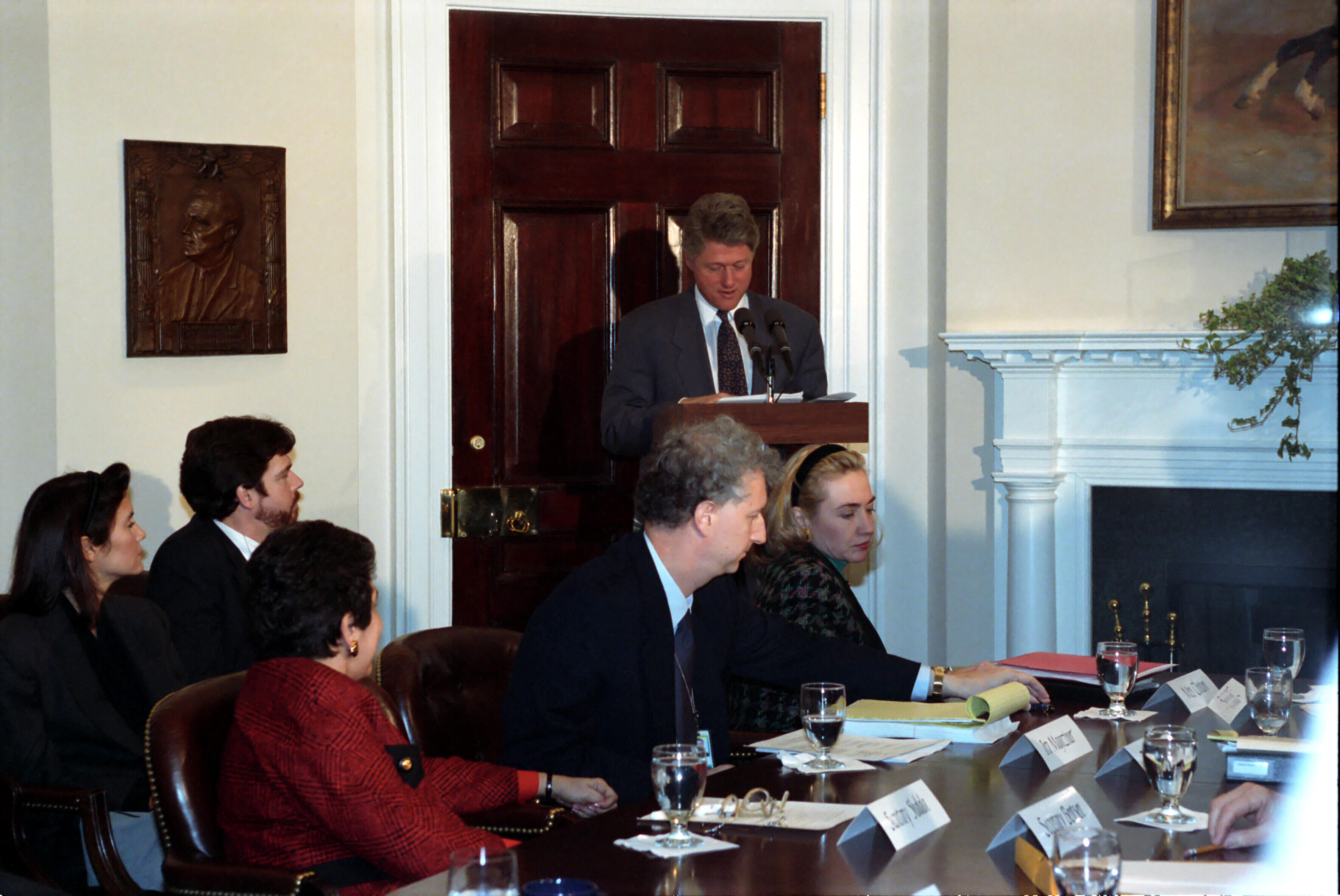 President William Jefferson Clinton and First Lady Hillary Rodham Clinton attend a health care reform meeting in the Roosevelt Room