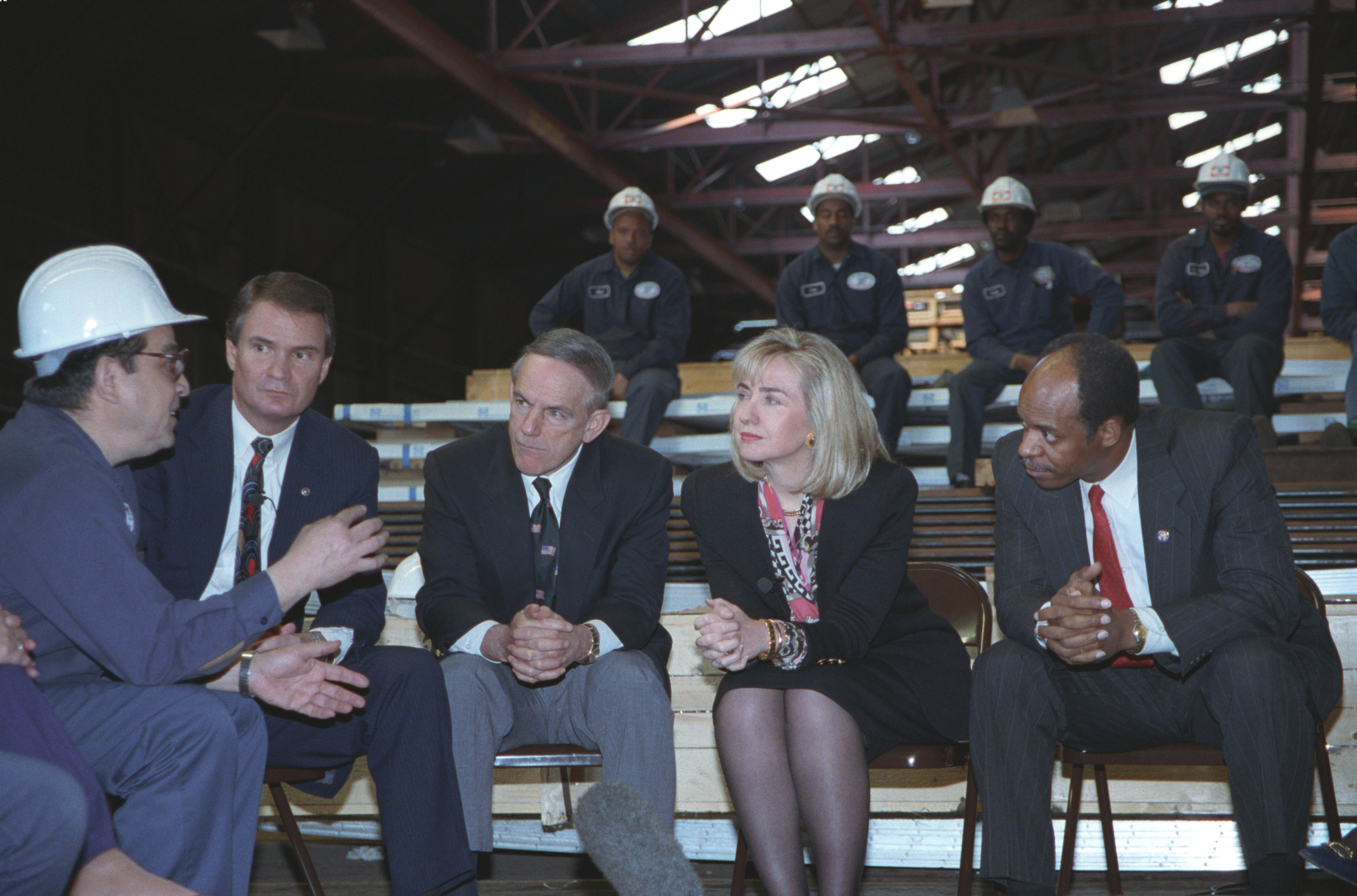First Lady Hillary Rodham Clinton participating in a health care costs discussion with Glazer Steel Company management and employees in the company's warehouse in New Orleans, Louisiana