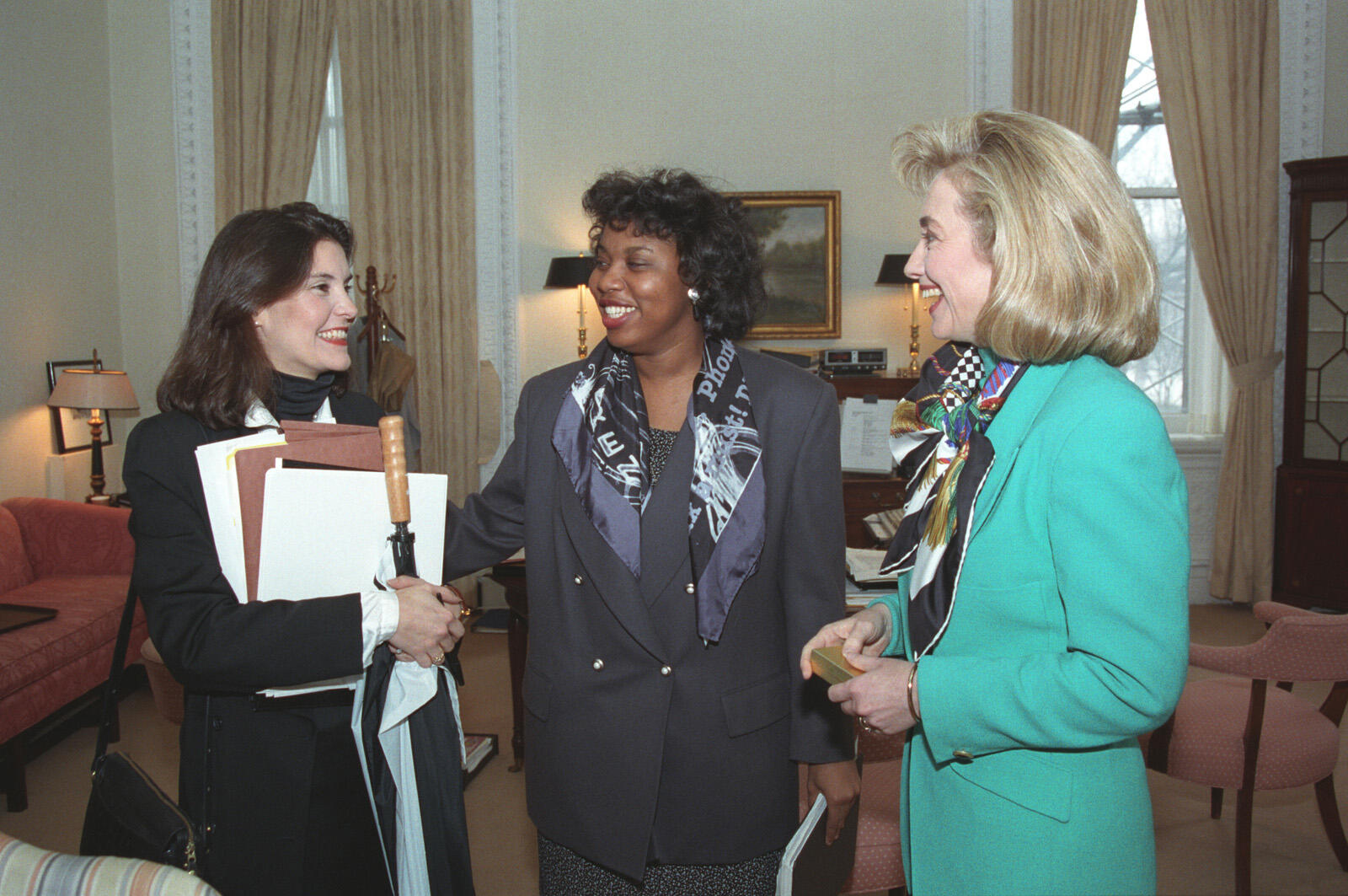 First Lady Hillary Rodham Clinton with staff in the Old Executive Office Building (OEOB). Present include Maggie Williams and Capricia Marshall