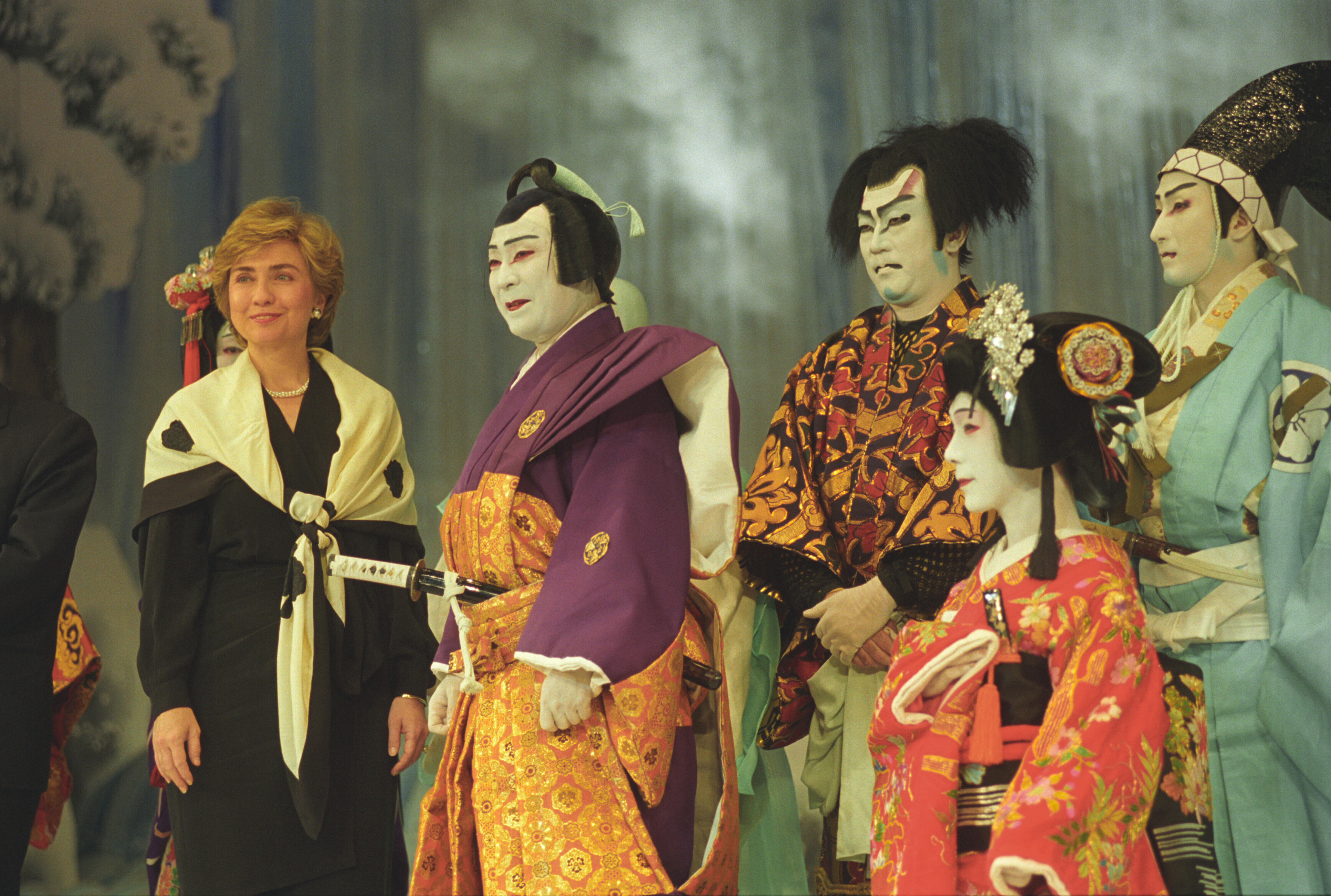 First Lady Hillary Rodham Clinton attending a performance of Kabuki Theatre in Tokyo, Japan