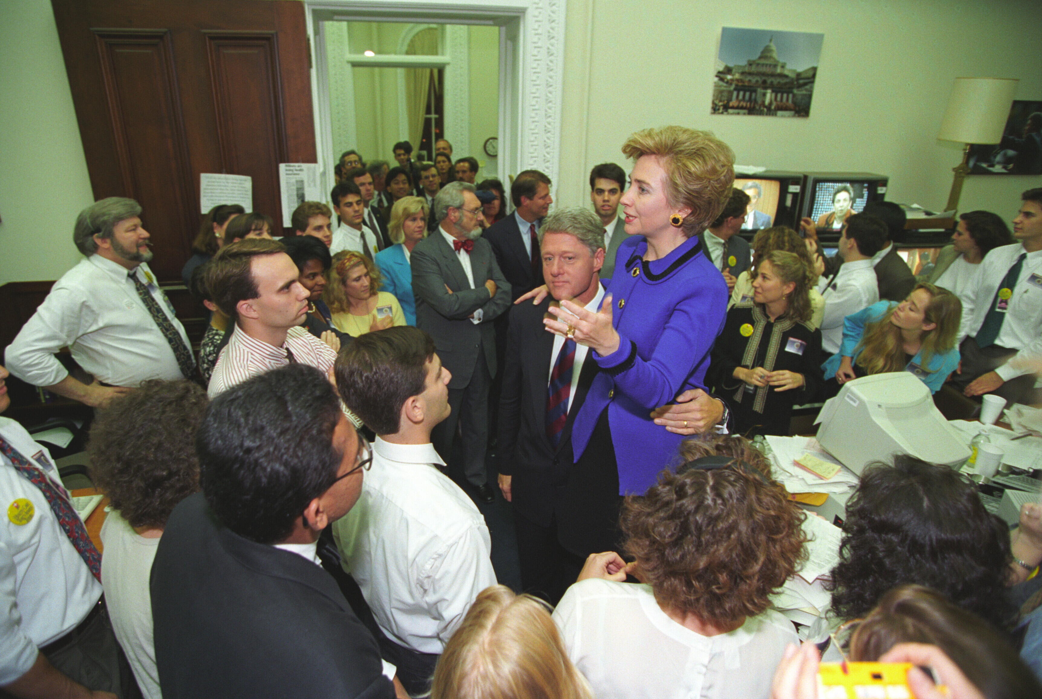 First Lady Hillary Rodham Clinton addressing staff in the health care "war room" in the Old Executive Office Building (OEOB) after President Clinton's joint address to Congress regarding health care