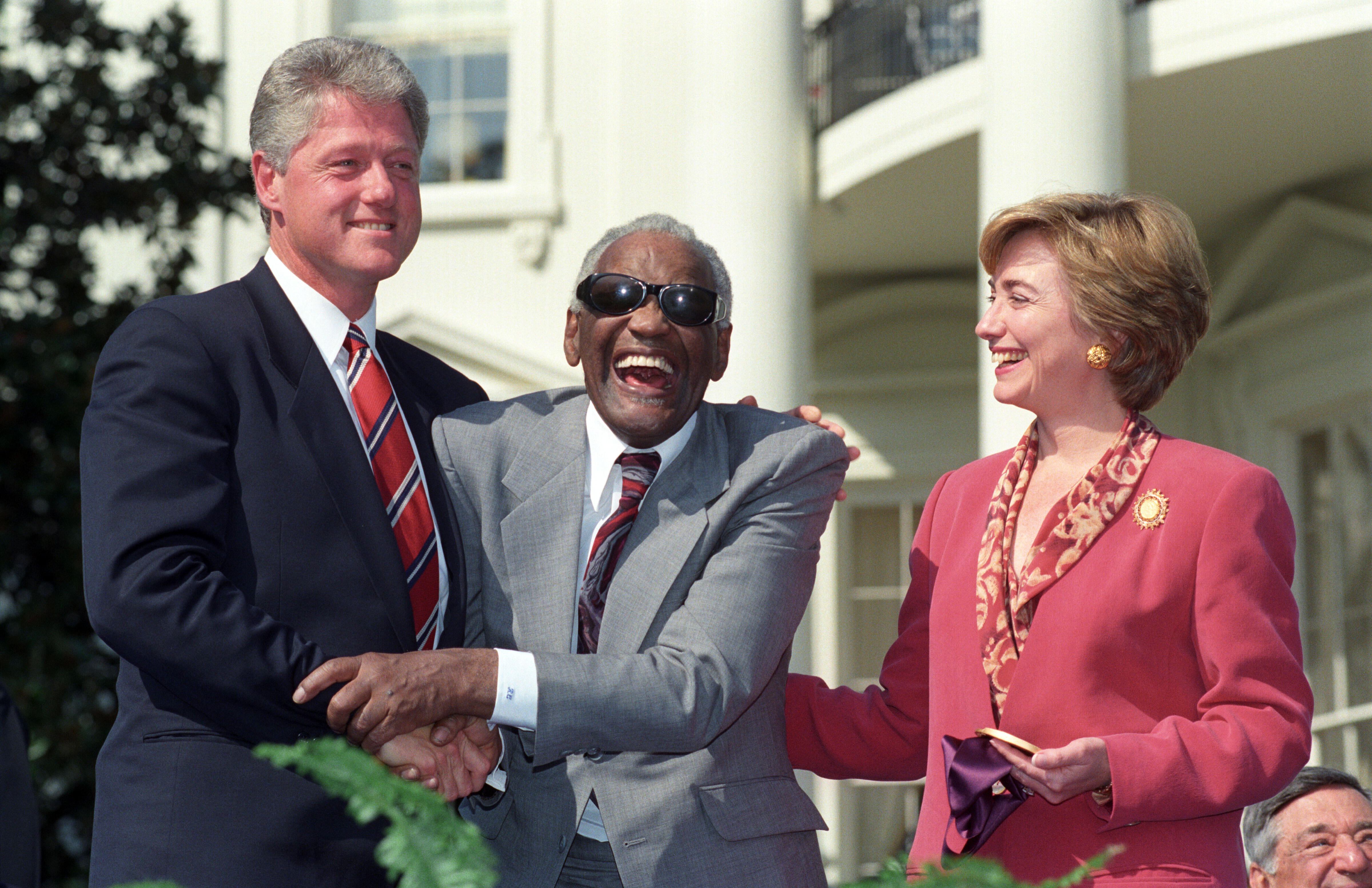 President Clinton and Hillary Rodham Clinton award Ray Charles a National Medal of Arts on the South Lawn