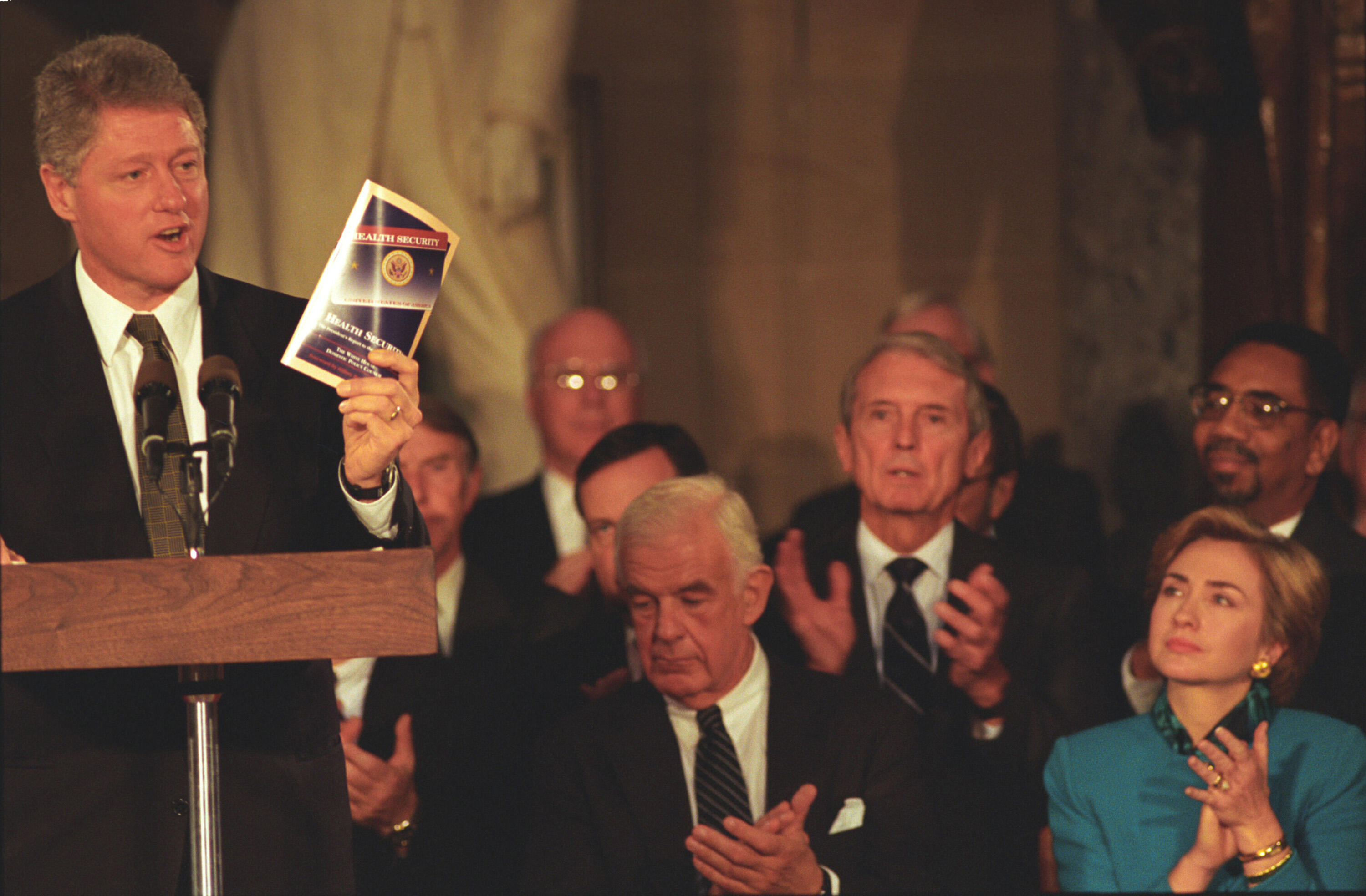 President William Jefferson Clinton addresses Congress regarding the health care reform plan in Statuary Hall at the United States Capitol
