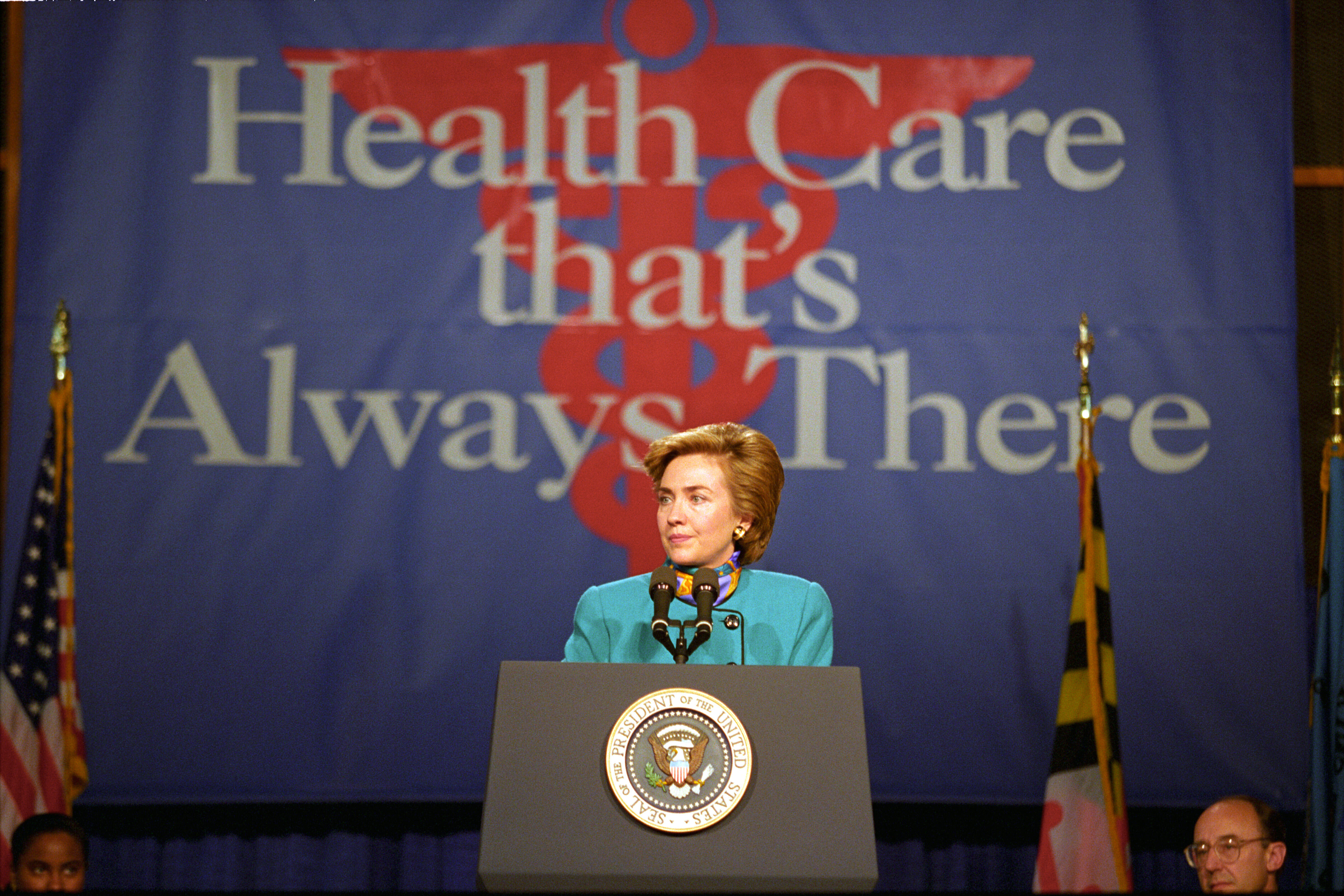 First Lady Hillary Rodham Clinton addressing a health care event at the Johns Hopkins University in Baltimore, Maryland