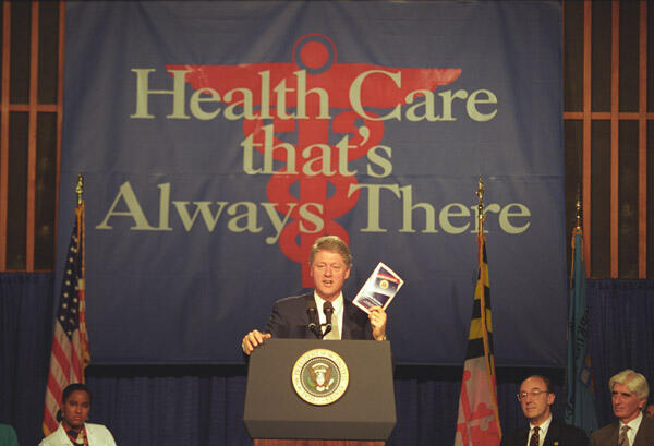 President William J. Clinton giving a speech on health care legislation at the Johns Hopkins University in Baltimore, Maryland