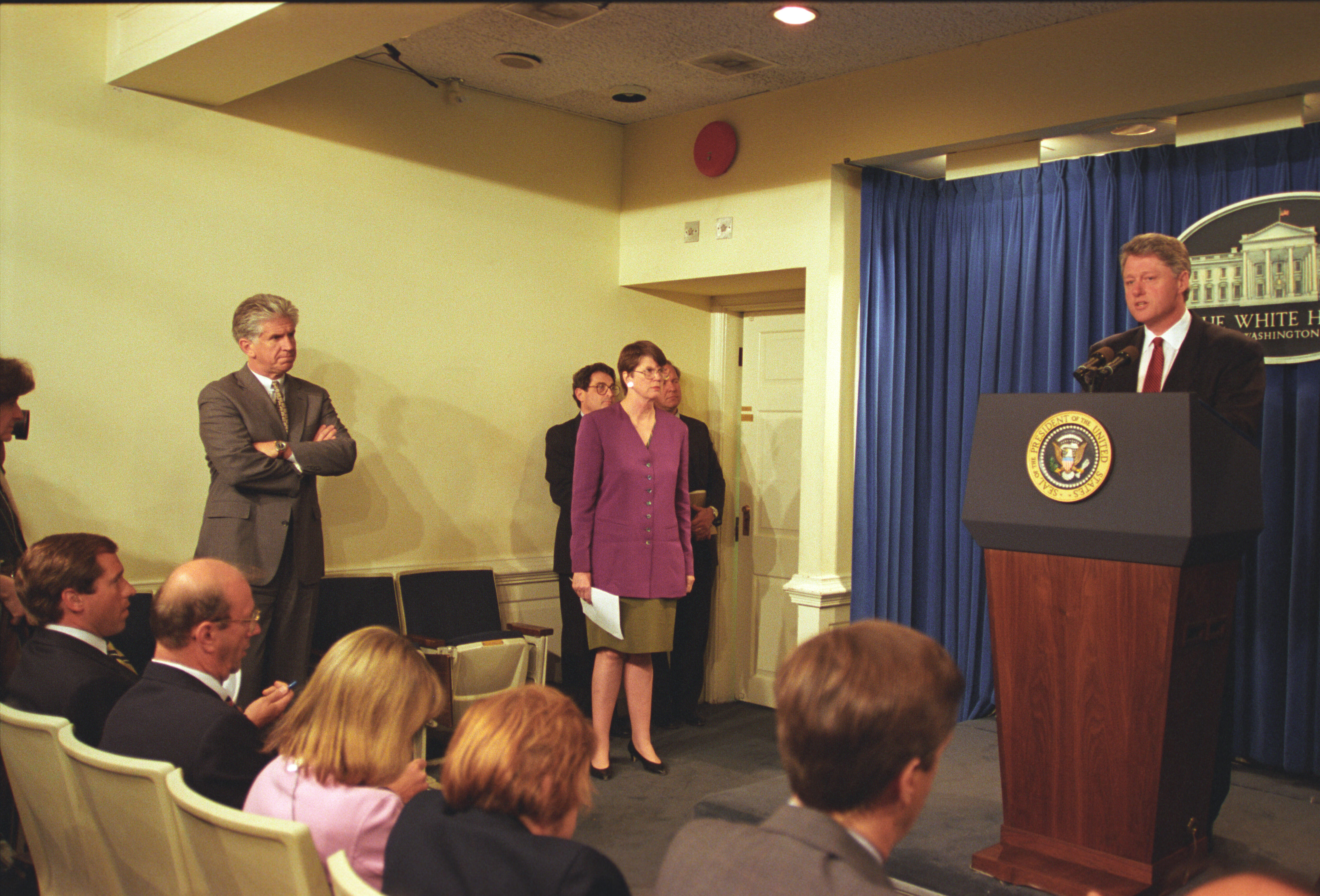 President Clinton delivers a press statement in the Press Briefing Room regarding the bombing of the Murrah Federal Building in Oklahoma City
