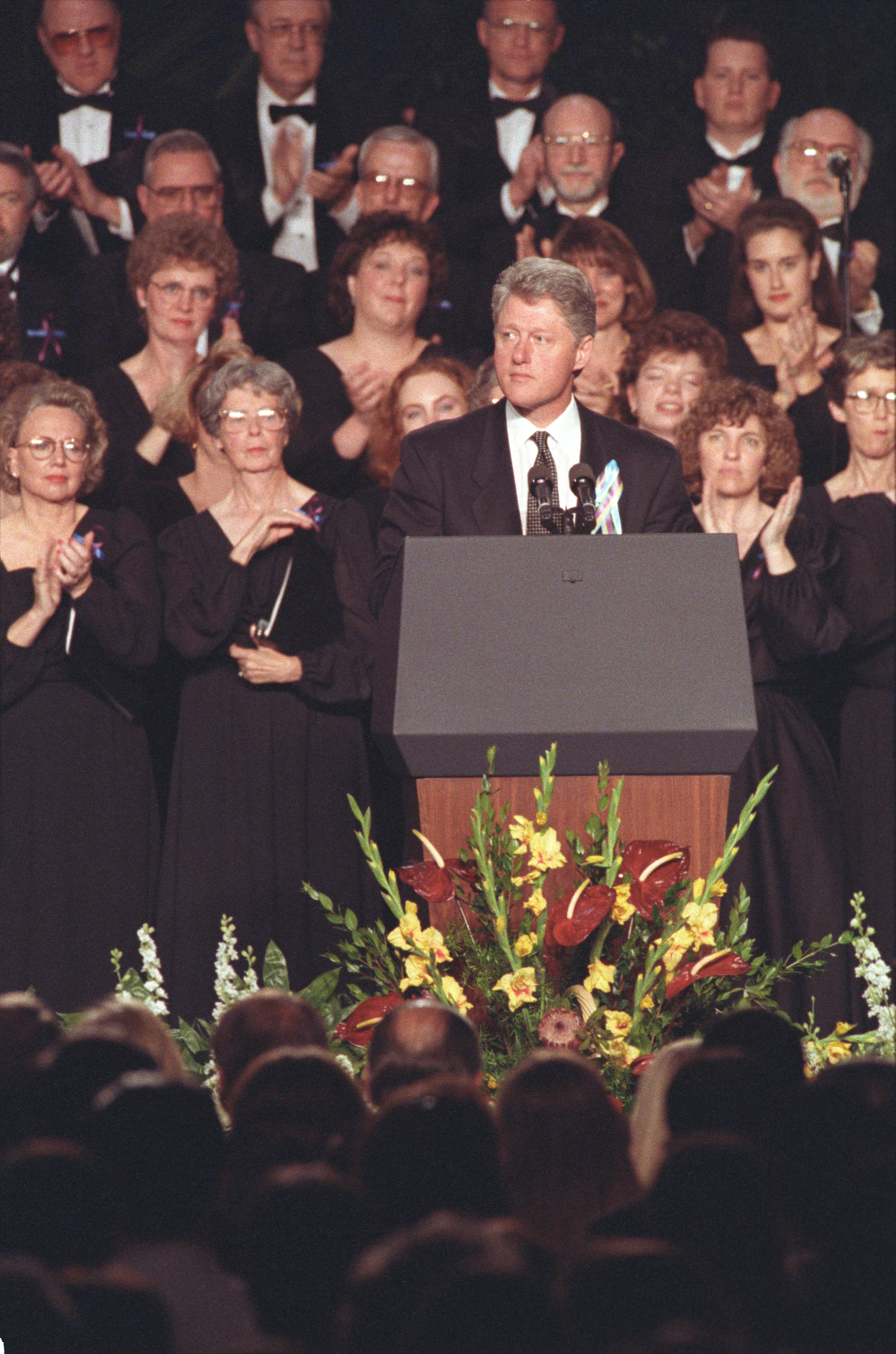 President Clinton delivers remarks at a memorial service for those killed in the bombing of the Murrah Federal Building in Oklahoma City. The service took place at the Oklahoma State Fairgrounds Arena.