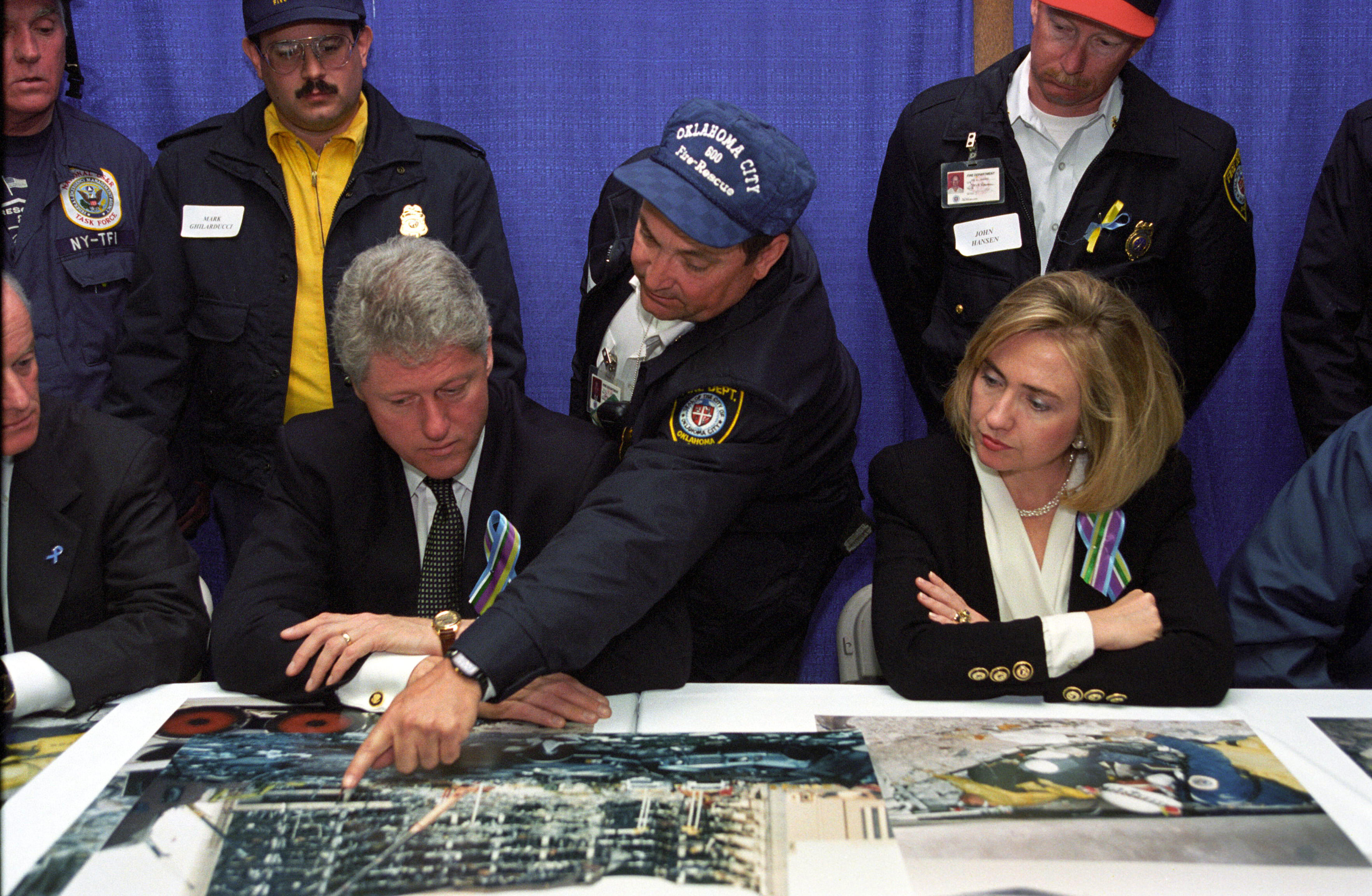 President Clinton and First Lady Hillary Rodham Clinton meet with heads of the search & rescue teams and first responders at the Oklahoma State Fairgrounds Arena following the memorial service for victims of the bombing of the Murrah Federal Building in Oklahoma City