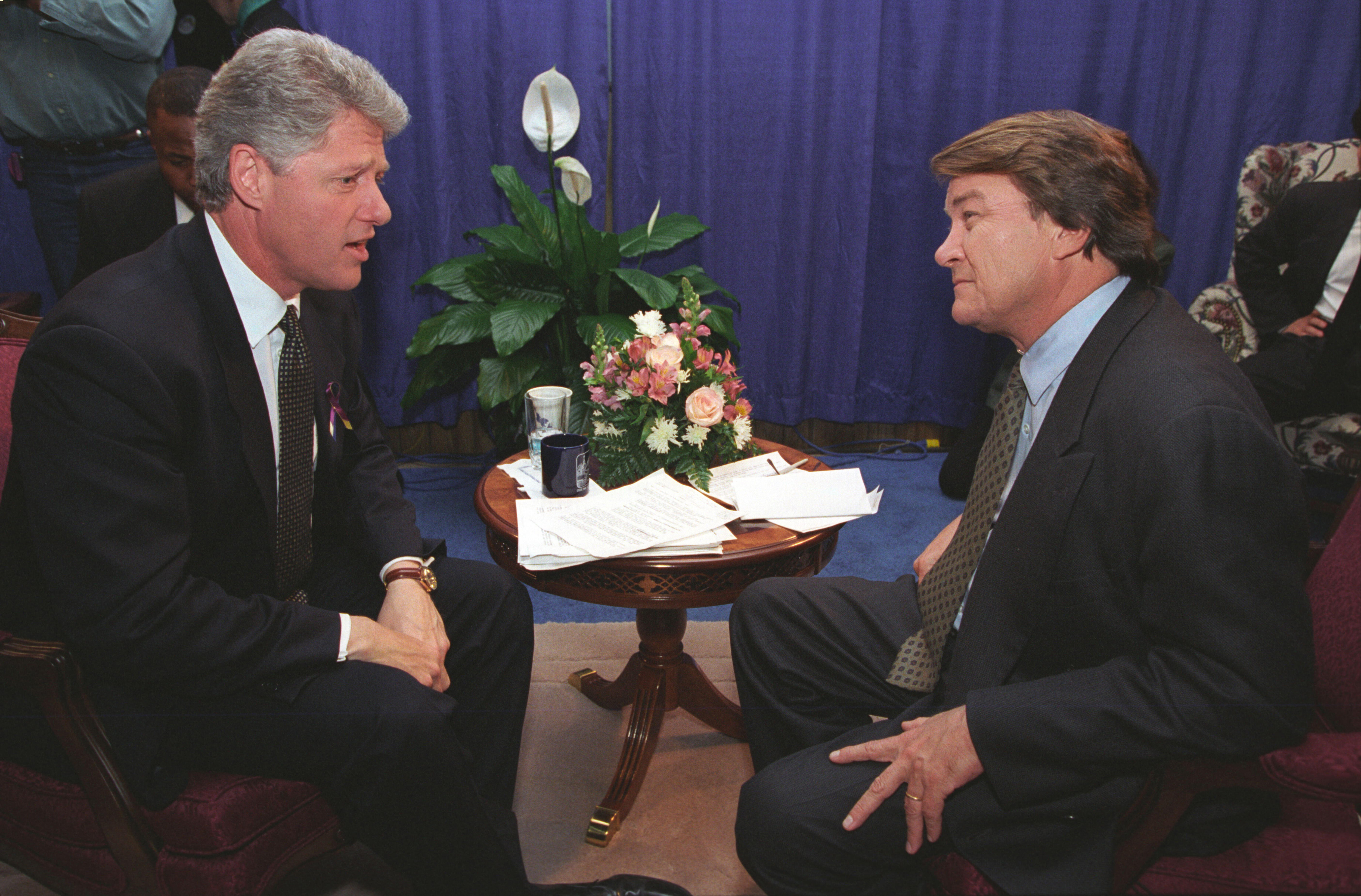 President Clinton participates in an interview with Steve Croft of "60 Minutes" on CBS at the State Fairgrounds Arena in Oklahoma City
