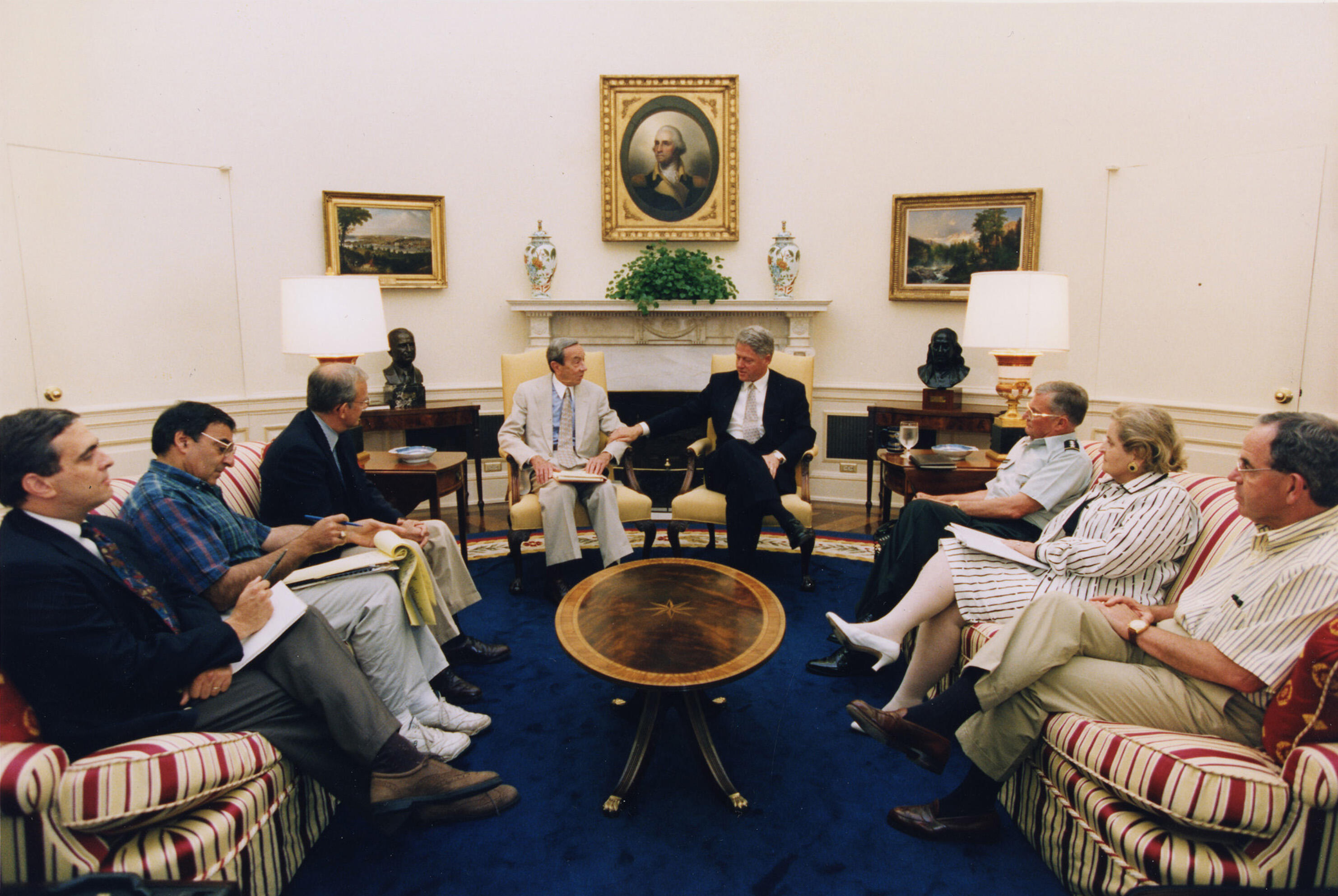 President Clinton meets with his advisers in the Oval Office regarding Bosnia. Participants include Sec. Warren Christopher, Tony Lake, Gen. John Shalikashvili, Amb. Madeleine Albright, Leon Panetta, George Tenet, Mike McCurry, Sandy Berger, Undersecretary of Defense John White, Leon Fuerth, Walt Slocumbe and others