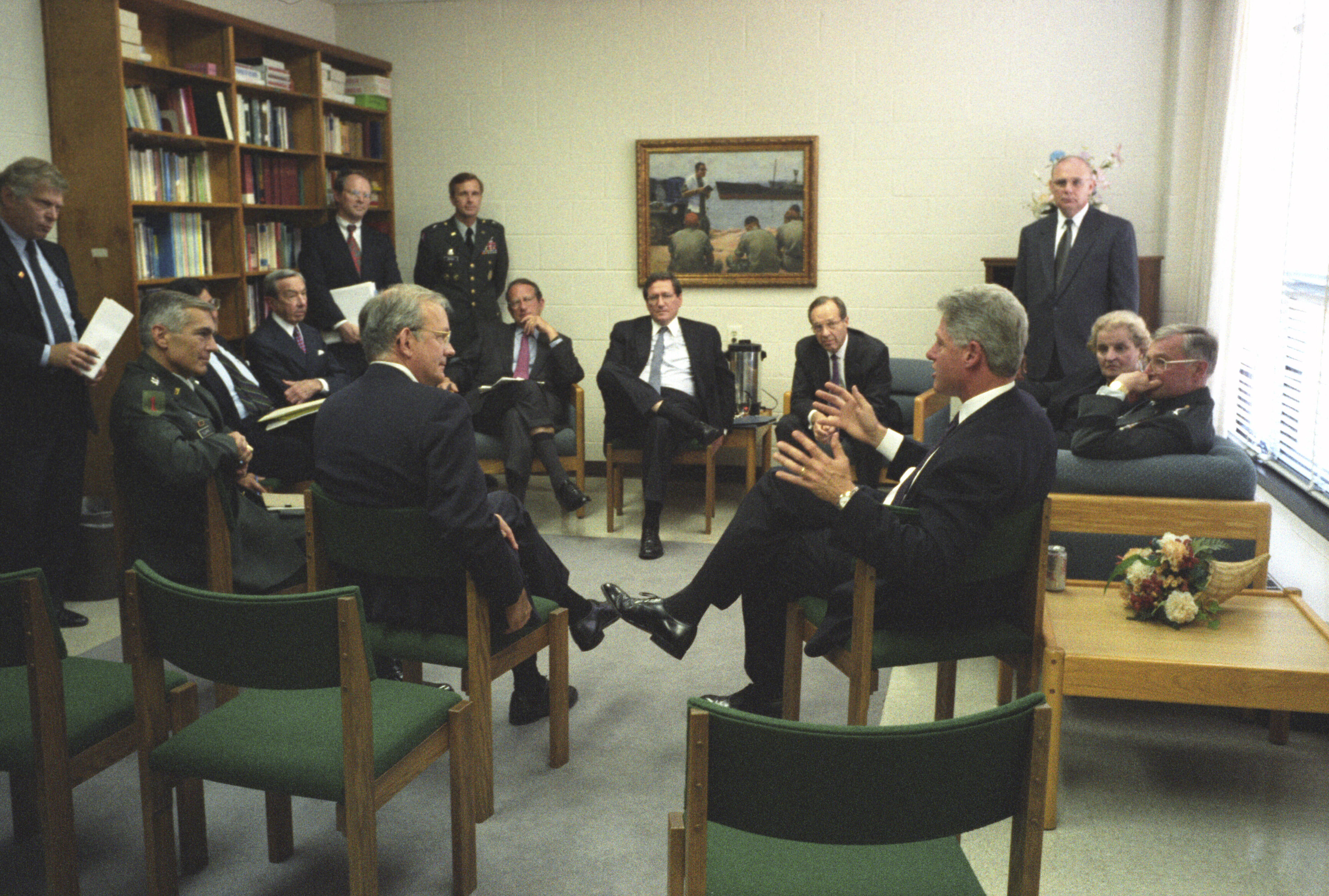 President Clinton meets with his advisors, General John Shalikashvili, Amassador Madeleine Albright, Secretary William Perry, Richard HolBrooke, John Deutch, Secretary Warren Christopher, Leon Fuerth, Tony Lake, and others, 
